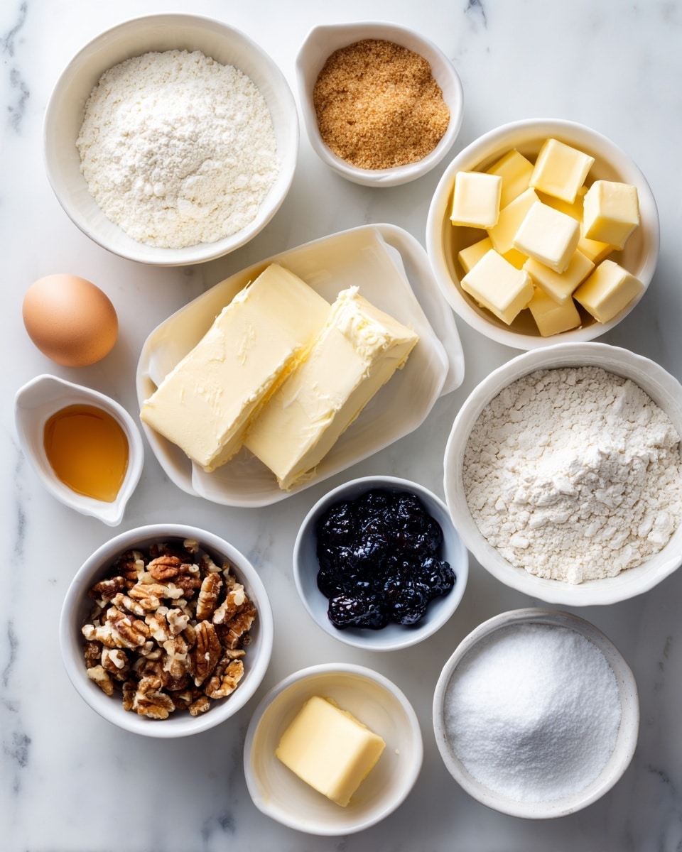 The image shows an overhead view of several white bowls and three eggs arranged on a white marbled surface. There are large blocks of cream cheese in one bowl, light yellow butter sticks cut into small pieces in another bowl, and a bowl filled with white sugar. Another bowl contains all-purpose flour with a slightly cracked surface, and a smaller one holds light brown chopped nuts. A white bowl has a golden-brown packed brown sugar, and there is a small bowl with dark blueberry preserves. A tiny bowl contains white salt, and a cup holds amber-colored vanilla extract. There is also a small bowl with melted butter, pale yellow and smooth. The eggs are placed on the surface without bowls. Each ingredient is clearly separated in clean white containers with good lighting and no shadowing photo taken with an iphone --ar 4:5 --v 7