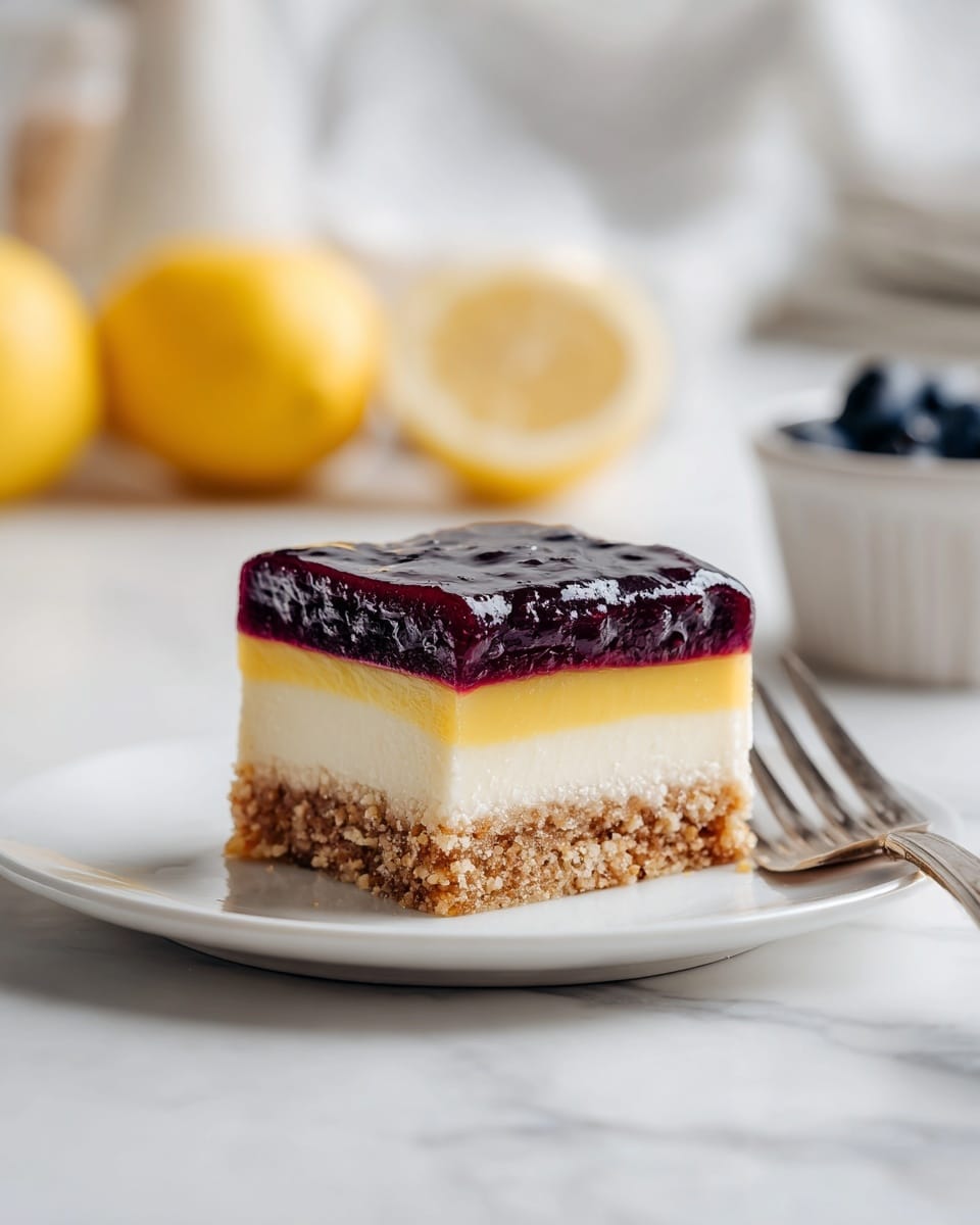 The image shows a square dessert with three clear layers placed on a white plate. The bottom layer is a thick, light brown crust with a slightly rough texture, likely made from nuts or graham crackers. Above that is a glossy, dark purple layer of fruit, smooth but slightly sticky, looking like a berry jam or preserve. The top layer is a thick, pale yellow cream layer with a smooth and soft texture, possibly a cheesecake or custard. The white plate sits on a white marbled surface, with a silver fork resting behind the dessert and blurred yellow lemons and a white container with blueberries in the background. Photo taken with an iphone --ar 4:5 --v 7