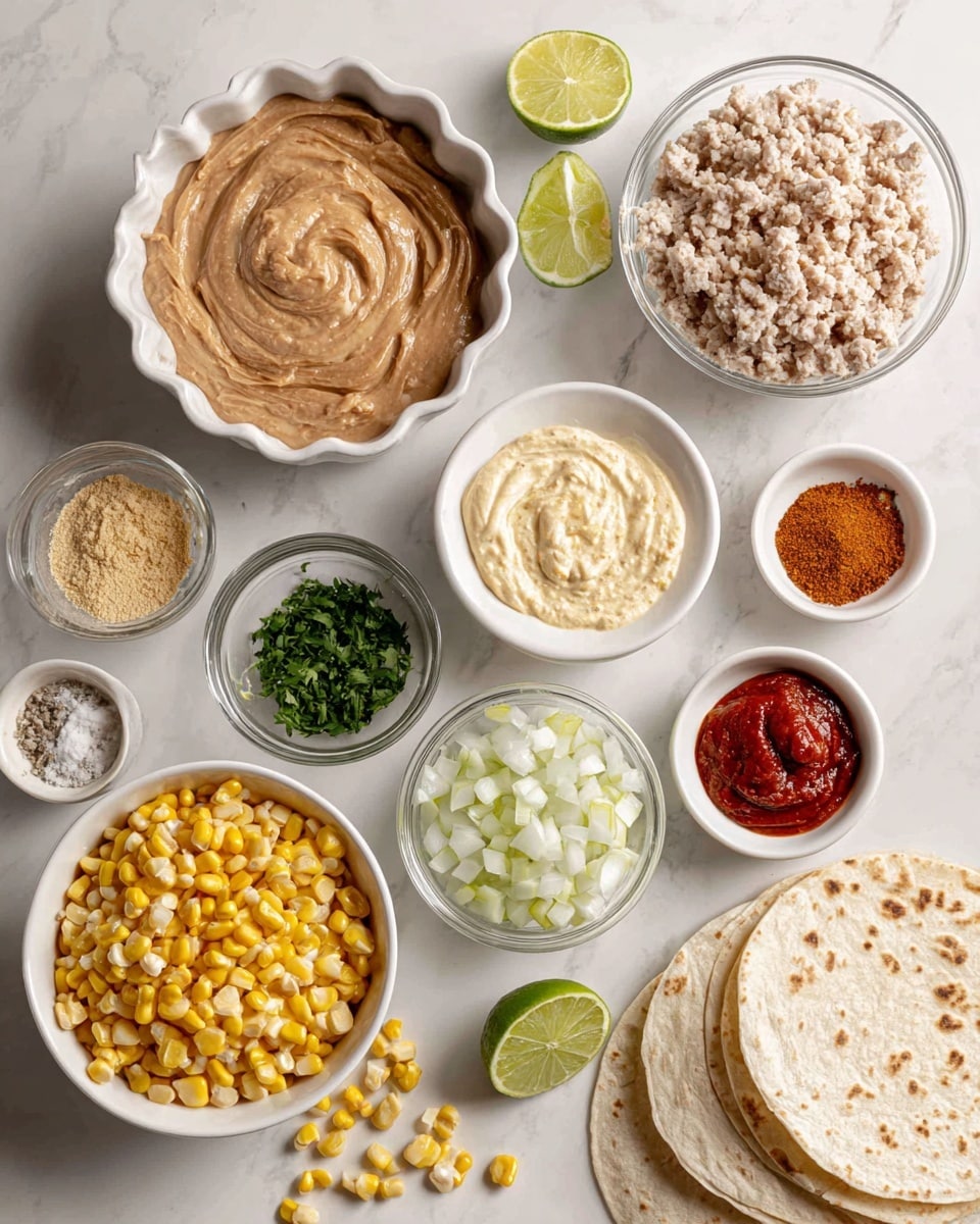 The image shows a top view of several white bowls and small clear glass bowls arranged on a white marbled surface. Starting at the top center, there is a white scalloped bowl with brown refried beans that have a creamy texture and swirled pattern. To the left of that, a small clear bowl contains chopped green herbs. Below that, a white bowl is filled with chopped green pickles, and beneath it is a clear bowl with finely diced white onions. In the center-right, a white bowl holds raw ground turkey with visible texture. Surrounding these are smaller white and clear bowls with pale yellow nutritional yeast flakes, white creamy sauce, reddish-brown taco seasoning powder, and bright red tomato paste. At the bottom left, a white scalloped bowl is full of bright yellow corn kernels, some spilled on the surface. At the bottom right, there is a small white dish with coarse salt and ground black pepper, next to a stack of white tortillas with toasted spots and two lime halves on top. The overall colors range from white and yellow to green, brown, and red, all placed neatly on the white marbled background. photo taken with an iphone --ar 4:5 --v 7