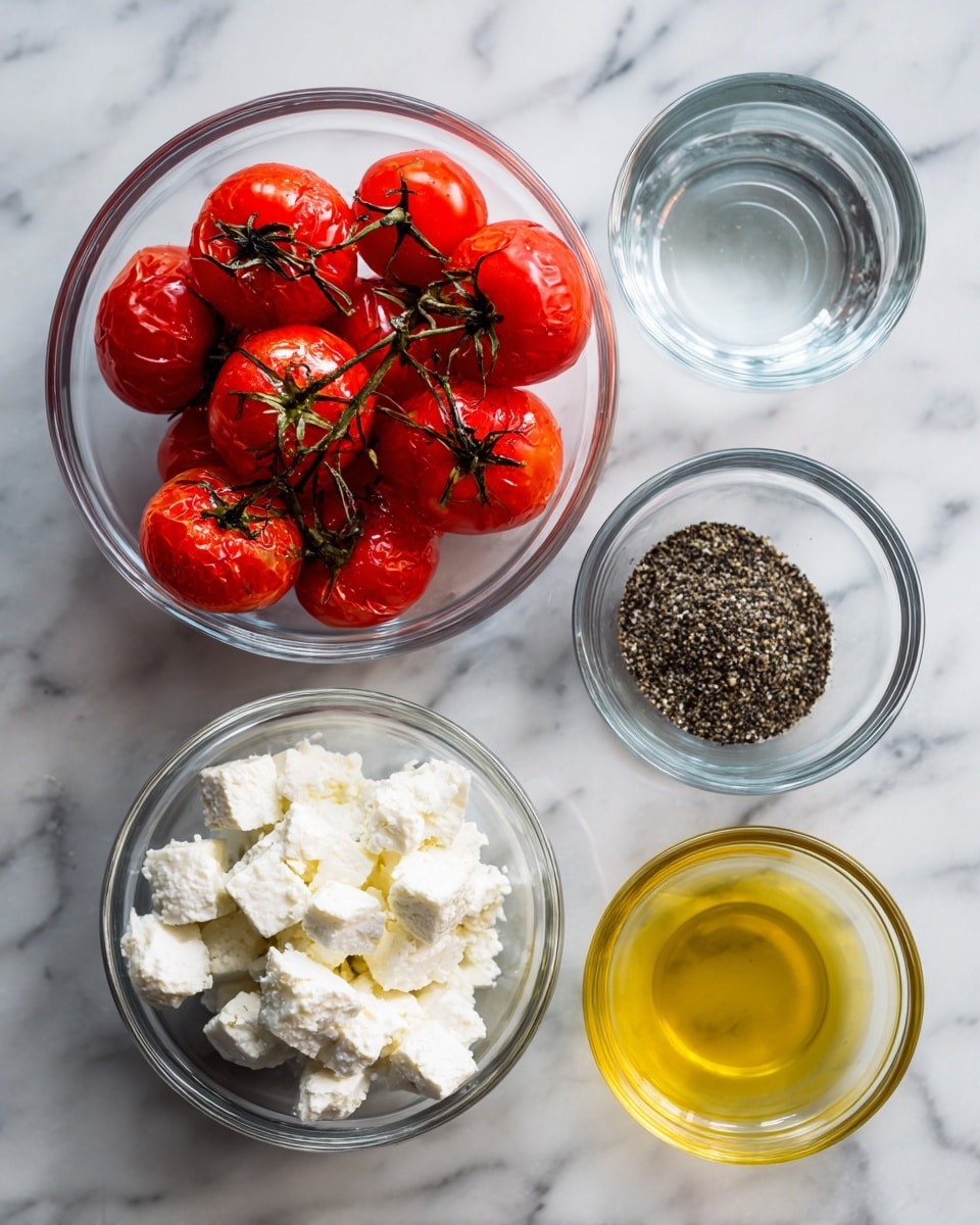 The image shows five clear glass bowls arranged on a white marbled surface. The largest bowl at the top left holds bright red roasted tomatoes on their green stems, showing a slightly wrinkled texture. To the top right, a smaller bowl contains clear water. Below that, another small bowl is filled with finely ground black pepper, dark grey in color. At the bottom left, a medium-sized bowl holds white feta cheese broken into rough chunks with a crumbly texture. Finally, at the bottom right, a small bowl contains golden yellow olive oil with a smooth, shiny surface. All bowls are transparent and placed neatly to show their contents. Photo taken with an iphone --ar 4:5 --v 7