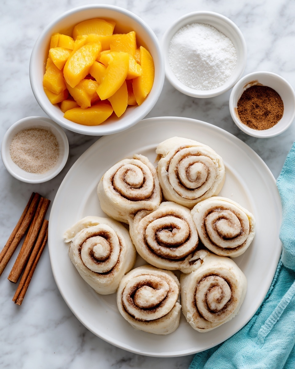 A white plate holds eight cinnamon rolls arranged in a loose circular pattern, each roll showing a spiral of light dough and darker cinnamon filling. Above the plate to the left, there is a white bowl filled with neatly sliced yellow-orange peaches. To the right of the peaches, a small white bowl contains white sugar. Below the peaches and sugar, there are two cinnamon sticks lying diagonally next to a tiny white bowl with brown cinnamon powder and another small white bowl with white flour. The background is a white marbled surface with a light blue cloth partly visible to the right. Photo taken with an iphone --ar 4:5 --v 7