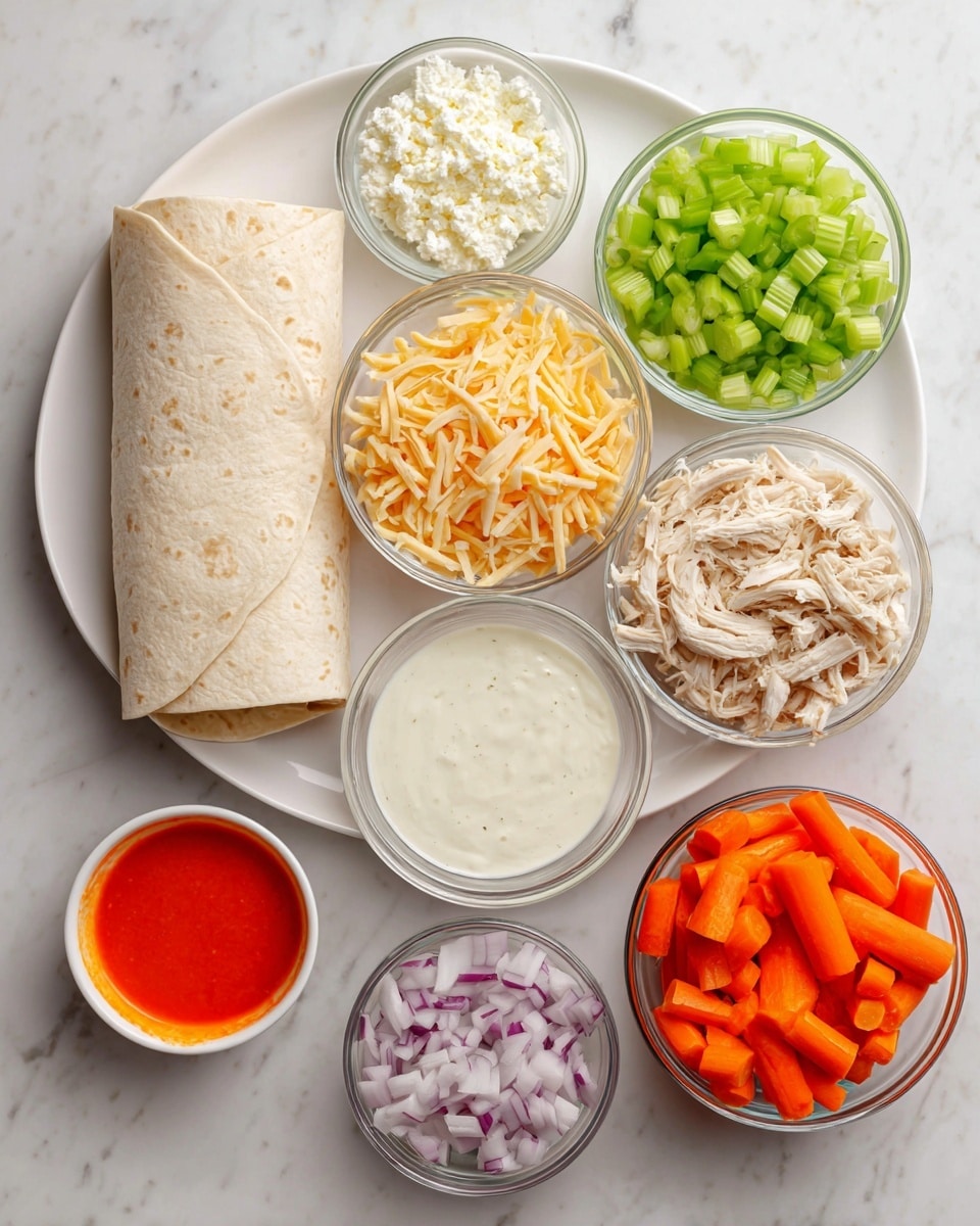 A white plate holds a rolled-up pale beige wrap on the left side. Around it are small clear glass bowls filled with white crumbled cheese above, orange-yellow chips to the right, bright green chopped celery below the chips, and shredded light beige chicken beneath the celery. A small white bowl with creamy white ranch dressing is near the center. Below the wrap is a small clear glass bowl with bright red-orange buffalo sauce, and next to the celery is a small white bowl with purple and white chopped onions. On the lower right, there is another clear glass bowl filled with sliced bright orange carrots. All items are placed on a white marbled surface. Photo taken with an iphone --ar 4:5 --v 7