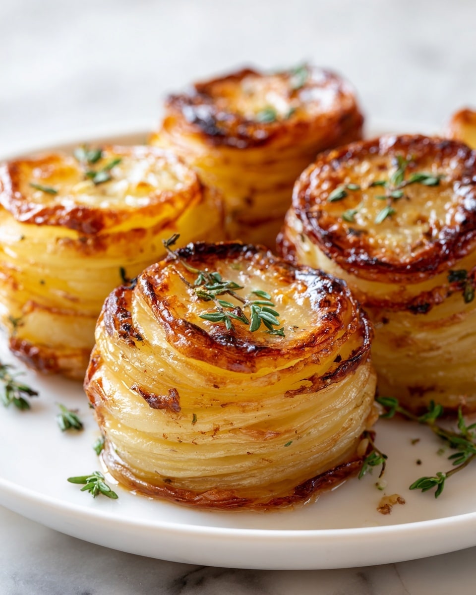 The image shows several round stacks of thin potato slices baked tightly in layers, each about four to five layers high. The potato slices are golden brown with some crispy, darker edges, giving a slightly charred look on the top surfaces, and they are garnished with small green herb sprigs. These stacks sit closely together on a white plate with a glossy finish, all placed on a white marbled surface. The overall texture looks crispy on the outside but soft inside, with the potato layers visible in a spiral pattern. photo taken with an iphone --ar 4:5 --v 7