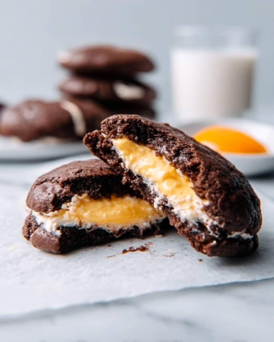 The image shows a dark chocolate cookie with a soft, creamy filling inside. The cookie is thick and cracked on the top, revealing a smooth yellow and white cream layer inside. The cookie sits on a white marbled surface, with more cookies blurred in the background. A blurry glass of milk and a white bowl with an orange item can be seen further back. The focus is on the front cookie, with light coming from the side to highlight the textures. Photo taken with an iphone --ar 4:5 --v 7
