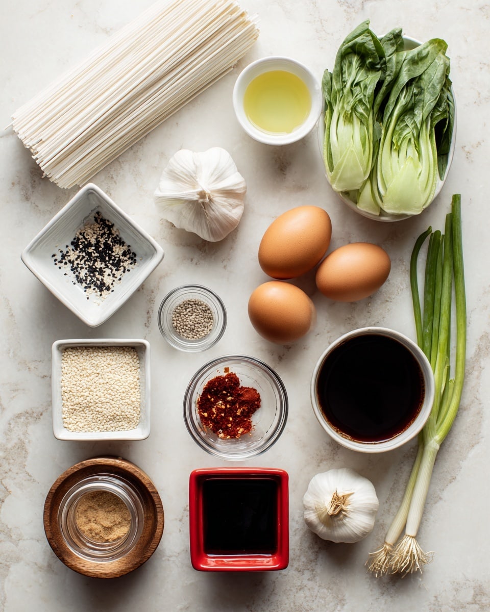 The image shows a white marbled surface with various cooking ingredients neatly arranged. At the top left, there is a bundle of white noodles. Next to it, a small white bowl with pale yellow avocado oil. On the right side, a white bowl filled with green baby bok choy leaves. Below, three brown eggs are placed together. Near the eggs, there are long green onions and a bulb of white garlic. In the center, there is a small glass bowl with red pepper flakes, and a clear glass container with black ground pepper beside it. At the bottom left, a small square white dish holds sesame seeds, and next to it, a glass jar filled with brown sugar. Below the sugar jar, a small round wooden container holds salt with the lid slightly open. Near the bottom center, a clear glass bowl contains vinegar, and a small glass cup is filled with dark tamari sauce. A shallot with brown skin is placed near the middle, and at the bottom right, there is a red square container filled with dark red gochujang paste. photo taken with an iphone --ar 4:5 --v 7