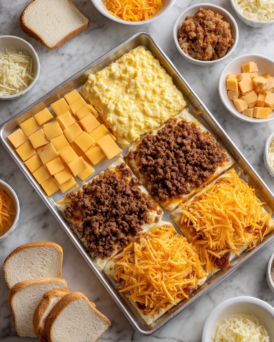 The image shows a four-step assembly of a layered breakfast dish on a rectangular silver baking sheet set on a white marbled surface. In the first step, there are six slices of yellow square cheese neatly placed side by side covering the base of the baking sheet. In the second step, a thick layer of scrambled eggs with a soft, fluffy texture and pale yellow color is spread evenly over the cheese. The third step shows a layer of cooked, browned ground meat spread on top of the egg layer, filling the rectangular shape. In the final step, a generous pile of shredded orange and yellow cheese mix is spread over the ground meat, covering the whole layered base. Surrounding the baking sheet are various small white bowls containing ingredients like more scrambled eggs, ground meat, shredded cheese, and slices of bread. photo taken with an iphone --ar 4:5 --v 7