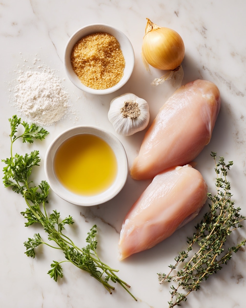 The image shows ingredients neatly arranged on a white marbled surface. There are two raw chicken breasts slightly overlapping on the right side. To their left is a small white bowl filled with brown sugar, above it a small white bowl with a pale yellow liquid labeled chicken stock. Fresh green parsley and thyme sprigs lay near the top left corner. A small white mound of cornstarch is at the top center. A whole small yellow onion and a clove of garlic rest above the chicken breasts. The overall layout is clean and organized with a bright, natural light. Photo taken with an iphone --ar 4:5 --v 7