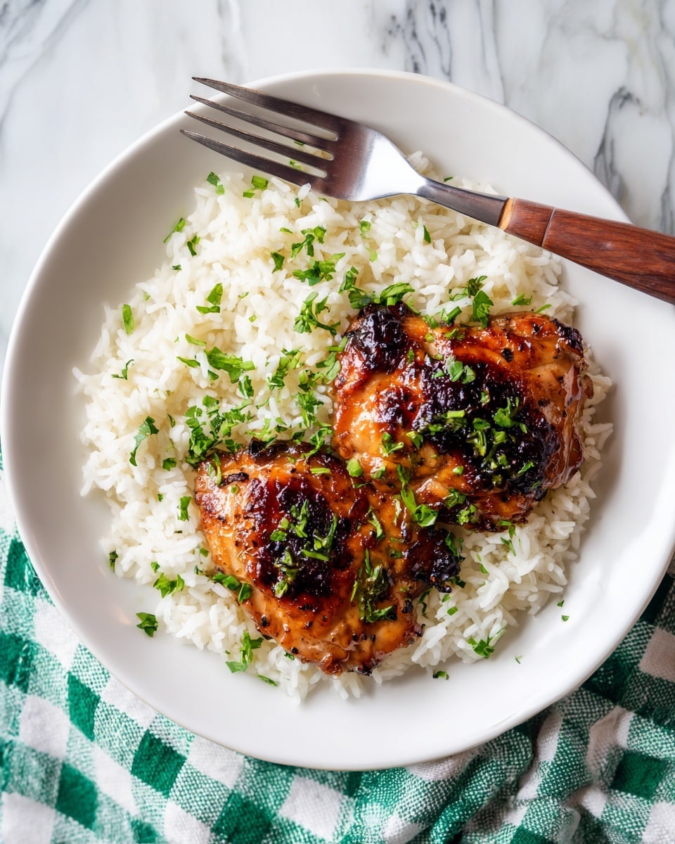 A white plate holds a bed of fluffy white rice as the bottom layer, covering most of the plate's surface with soft texture and a few scattered green herb bits. On top, two pieces of glazed chicken sit side by side, their shiny brown skin showing darker caramelized spots and a slightly sticky look. Bright green chopped herbs are sprinkled over the chicken and rice, adding color contrast. The plate is placed on a white marbled surface with a green and white checkered cloth partially under it. A fork with a wooden handle rests at the top of the plate, angled slightly. Photo taken with an iphone --ar 4:5 --v 7