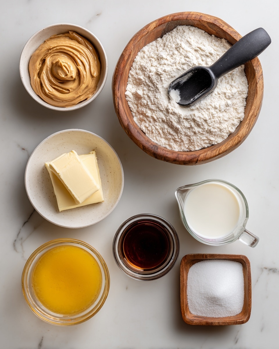 The image shows six bowls and cups arranged on a white marbled surface, each with different ingredients for a recipe. At the top center, there is a wooden bowl filled with white flour and a black metal scoop resting in it. Below it to the left, there is a small white bowl filled with creamy light brown peanut butter. To the right of the peanut butter, there is a clear glass measuring cup filled with white milk. In the center, there is a small white bowl containing dark brown vanilla extract. At the bottom left, there is a clear glass bowl with melted yellow butter and a metal measuring spoon sitting inside. At the bottom right, there is a square wooden bowl filled with white sugar. Each ingredient is labeled with black text showing the amount and ingredient name. photo taken with an iphone --ar 4:5 --v 7
