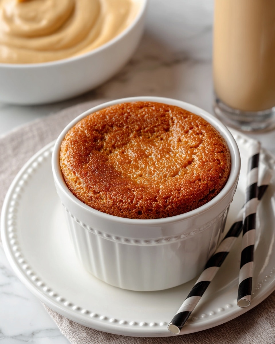 The image shows a white cup filled with a baked brown mug cake that has a slightly uneven, textured top surface. The cup sits on a white plate with a simple dotted border design, placed on a white marbled surface. Above the cup, there is a bowl with smooth, creamy light brown batter visible at the top left corner. To the right, a glass of milk with black and white striped straws is partially visible, adding a fresh contrast to the warm tones of the mug cake. There is text overlay in the middle of the image instructing to cook in the microwave for 1 minute 30 seconds to 1 minute 45 seconds. photo taken with an iphone --ar 4:5 --v 7