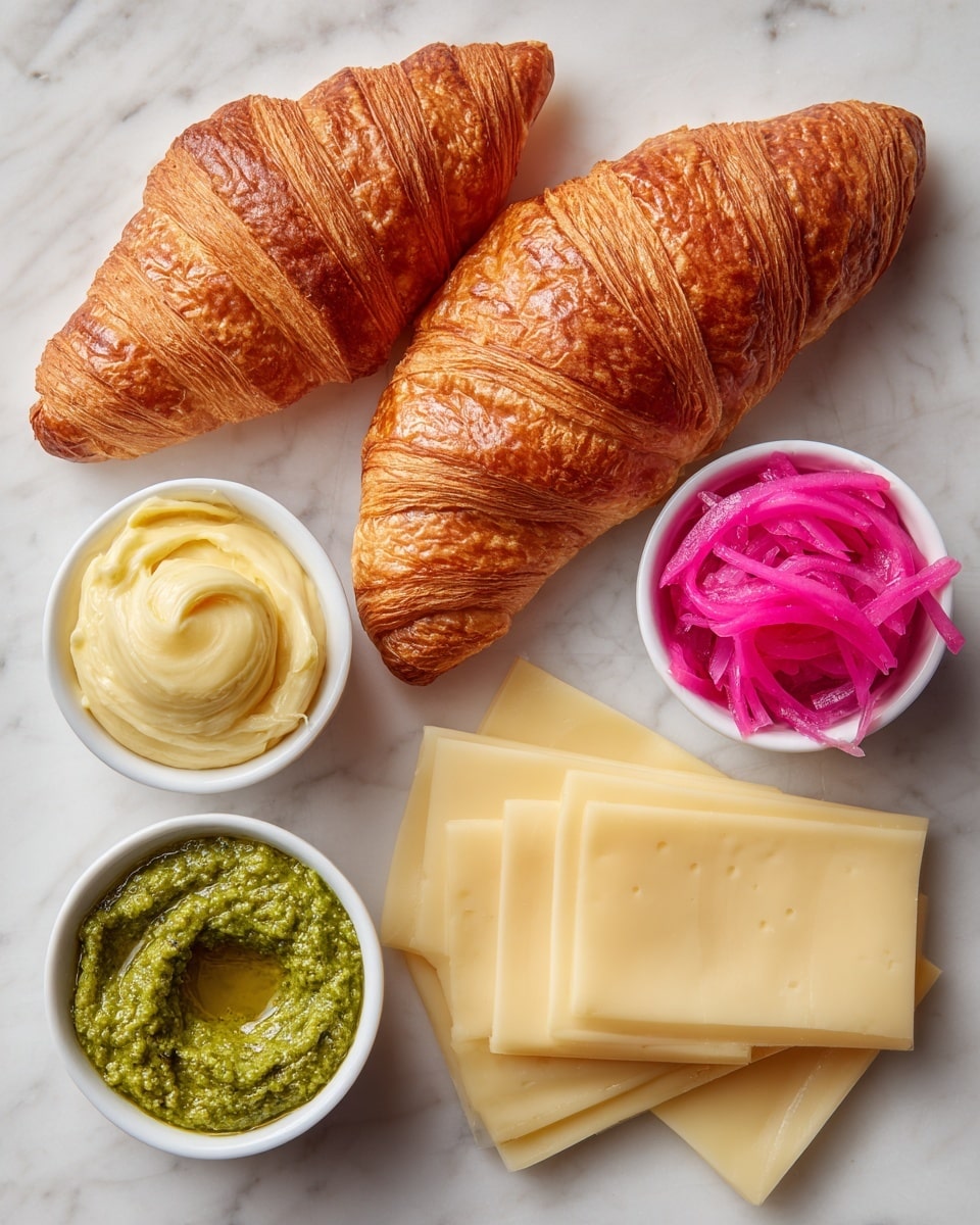The image shows two golden brown croissants placed on a white marbled surface to the right. Below the croissants are several slices of pale yellow Havarti cheese stacked in a slight fan shape. To the left of the croissants, there are three small white bowls arranged vertically: the top bowl holds a smooth, light yellow mayo, the middle bowl contains a thick green pesto with a drizzle of oil on top, and the bottom bowl has bright pink pickled red onions with a glossy texture. The scene is bright and clean, with the items spaced evenly. Photo taken with an iphone --ar 4:5 --v 7