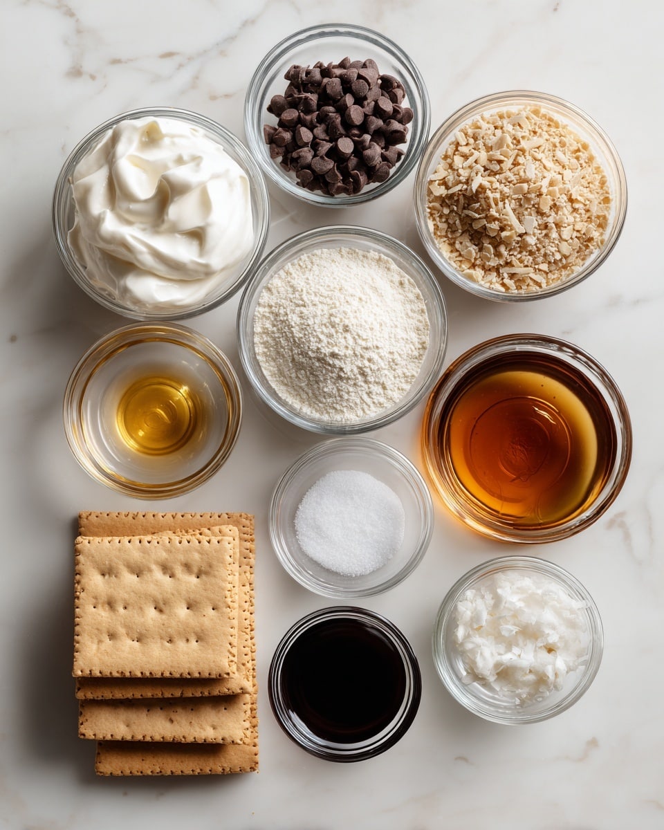 A top-down view of several small clear glass bowls arranged on a white marbled surface, each filled with different ingredients: one bowl with smooth white cottage cheese, another with dark brown chocolate chips, a third with light beige vanilla protein powder, another with deep amber maple syrup, a small bowl with white granulated salt, a small bowl with clear coconut oil, and a tiny bowl with dark brown vanilla extract. Next to the bowls are two small stacks of square light brown graham crackers with a slightly rough texture. The items are spaced apart neatly and the overall look is clean and organized. photo taken with an iphone --ar 4:5 --v 7