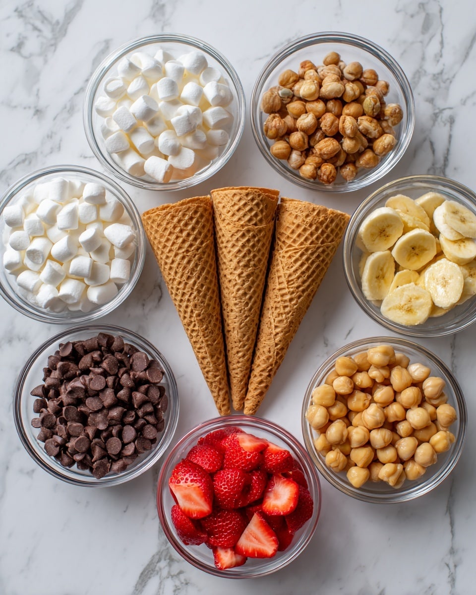 The image shows three stacked waffle cones in the center on a white marbled surface, surrounded by six small clear bowls filled with different ingredients arranged in a hexagonal shape. From the top going clockwise, the bowls contain small white marshmallows, dark chocolate chips, light brown round nuts or chickpeas, light yellow banana slices, red diced strawberries, and round brown chocolate candies. The waffle cones have a golden brown color with a textured, crisp surface. The arrangement is neat and visually balanced. photo taken with an iphone --ar 4:5 --v 7