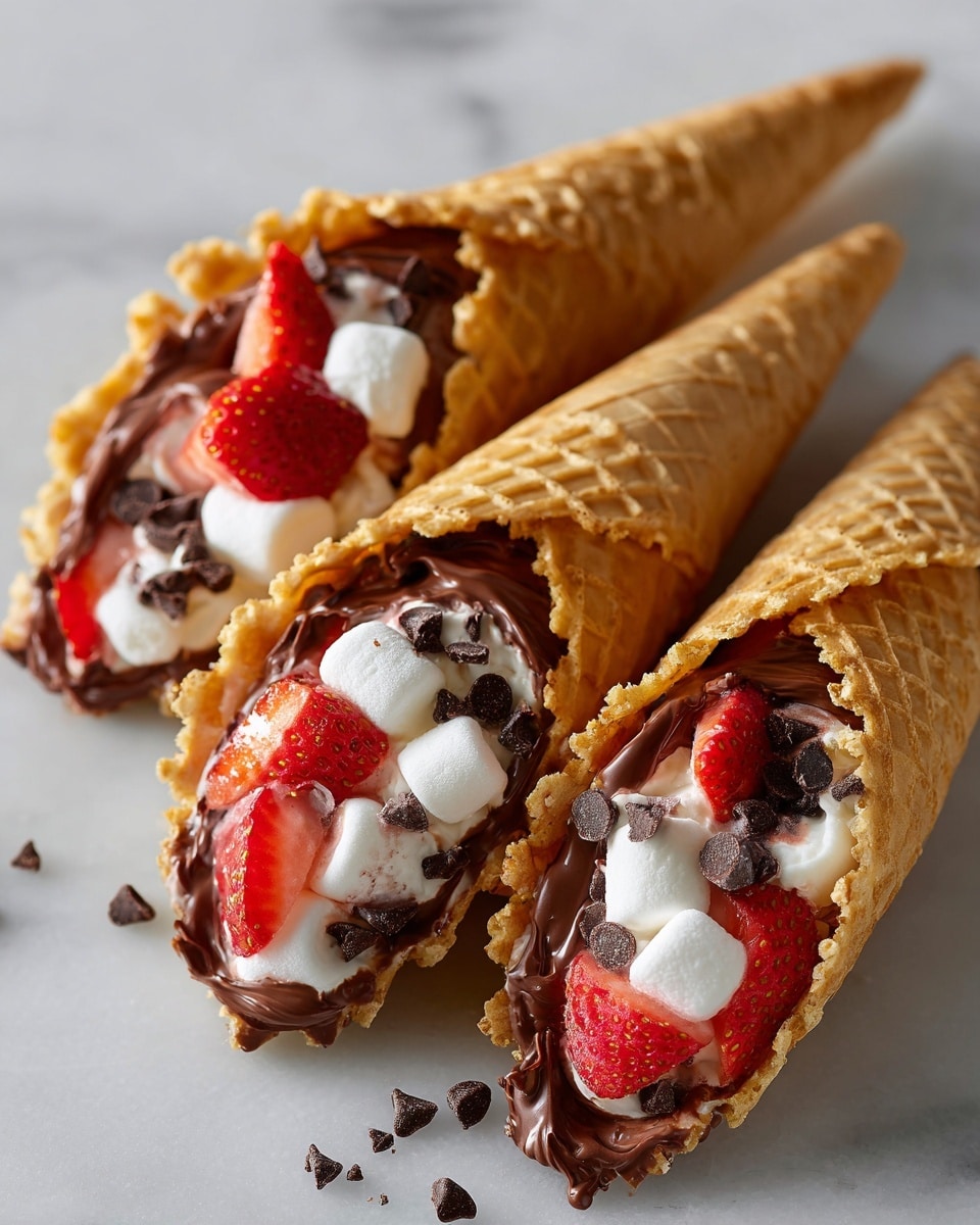 Three waffle cones filled with multiple layers sit on a white marbled surface. Each cone has a golden-brown crispy exterior. Inside, the first layer shows a mix of small white marshmallows and sliced red strawberries. On top, there is a thick layer of melted milk chocolate that looks smooth and creamy. Some cones also have small dark brown chocolate chips scattered around the opening. The cones are lying close together, with the pointed ends facing away. Photo taken with an iphone --ar 4:5 --v 7