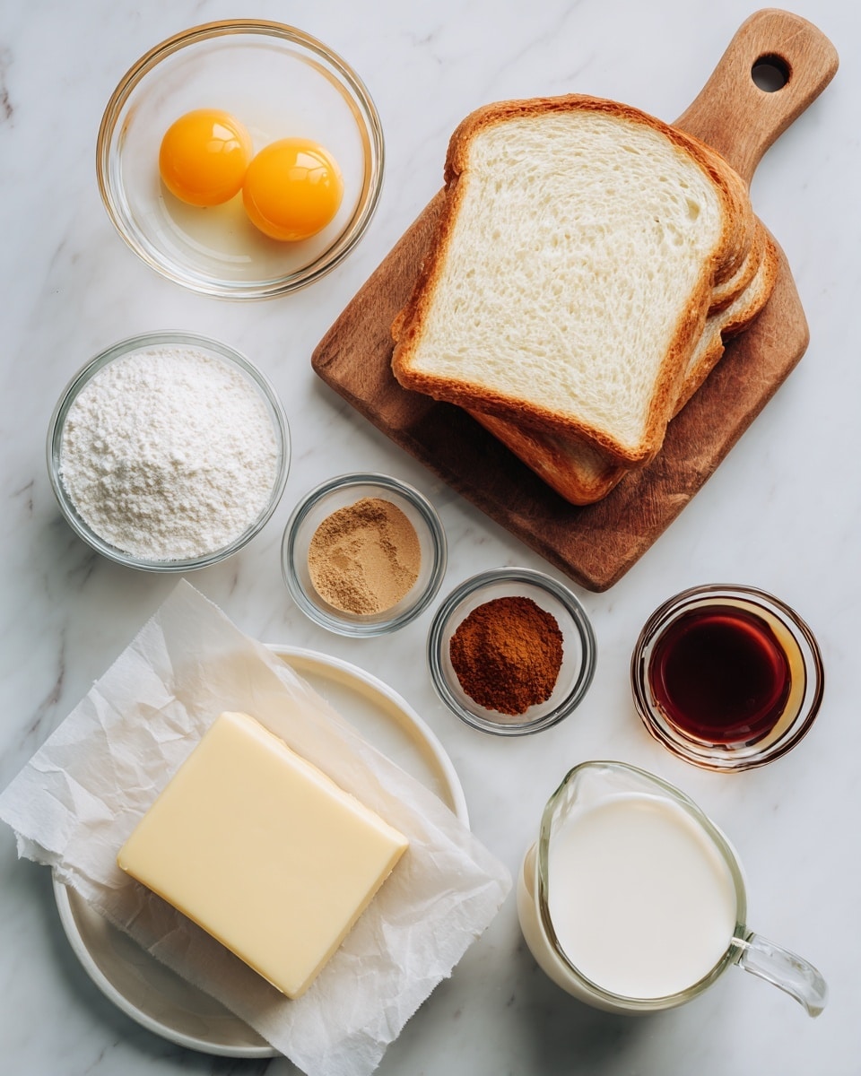 The image shows various ingredients arranged on a soft white marbled surface. At the center, there are two slices of white bread stacked slightly askew on a small wooden cutting board with a handle. Surrounding the bread, clear glass bowls hold different ingredients: one bowl has two raw eggs with bright yellow yolks floating in clear whites, another bowl contains a light brown powder labeled cinnamon, one small bowl holds dark brown vanilla extract, and another bowl is filled with white sugar. Towards the bottom, there is a small white plate with a rectangular block of pale yellow butter resting on parchment paper. A small clear glass jug contains whole milk, which is creamy white, next to a dark amber liquid syrup in a small pouring vessel. The layout is neat and evenly spaced, with everything placed on a clean white marbled surface. photo taken with an iphone --ar 4:5 --v 7