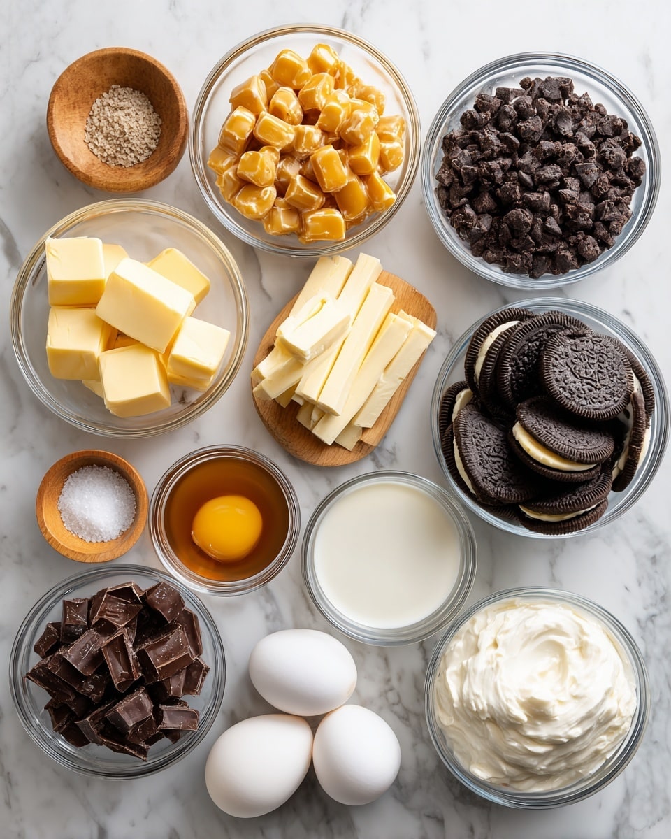 A top-down view shows multiple clear glass bowls and small cups arranged on a white marbled surface, each holding a different ingredient: golden caramel candy pieces in one large bowl center left; shiny dark chocolate chips and chocolate-covered wafer chunks in two large bowls center right; dark chocolate sandwich cookies with cream filling in a large bowl bottom right; three white eggs in a small bowl bottom center; salted butter sticks in foil wrappers and an unopened stick placed left; a small wooden bowl with a pinch of salt bottom left; a small bowl of white granulated sugar top center; creamy white yogurt or sour cream in a small bowl mid left; a small bowl of caramel-colored liquid vanilla extract top left; and a small bowl of white cream near center. All items are evenly spaced, on a clean white marbled surface with soft daylight illumination. Photo taken with an iphone --ar 4:5 --v 7