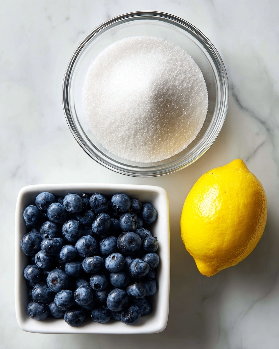 A top-down view shows three layers of ingredients on a white marbled surface: at the top, a clear round glass bowl filled with white granulated sugar with a fine, slightly sparkly texture; below it, a white square bowl full of fresh blueberries that are dark blue with a matte finish and slight frost-like detail; at the bottom, a single bright yellow lemon with a smooth, shiny skin. Each ingredient is clearly separated and labeled above or below it. Photo taken with an iphone --ar 4:5 --v 7