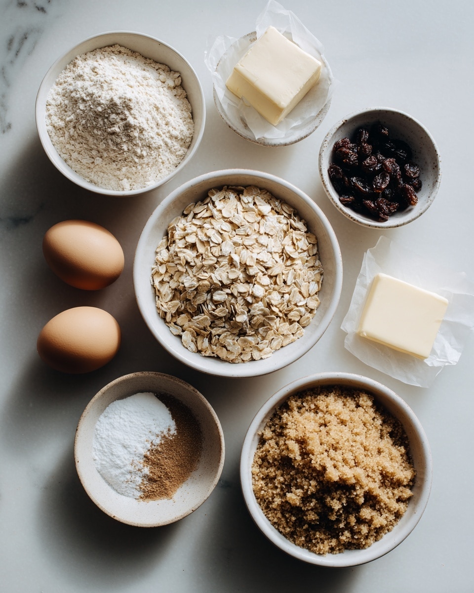 The image shows seven white round bowls and two eggs arranged on a white marbled surface. The largest bowl at the bottom right is filled with light brown sugar, grainy in texture. Above it to the right is a bowl filled with medium beige-colored rolled oats, with a rough texture. To the top right, a smaller bowl holds dark black raisins, shiny and round. To the top left is a bowl of fine, pale oatmeal flour that looks powdery. Near the bottom left, two light brown eggs sit directly on the surface. Between the flour bowl and eggs is a small square of pale yellow butter wrapped partly in white paper. At the bottom center, another bowl shows a small amount of white granulated sugar mixed with some brown cinnamon powder and baking soda, creating a softly textured mix of white and light brown. The composition is neat, with bright, natural light emphasizing the colors and textures of the ingredients. Photo taken with an iphone --ar 4:5 --v 7