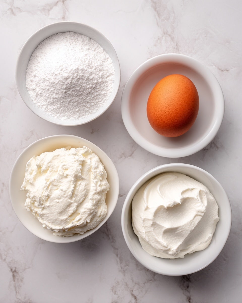 The image shows four white bowls and one orange egg arranged on a white marbled surface, each containing different baking ingredients. The top left white bowl holds a white powder labeled powdered sugar, the top right area has a single large orange egg resting directly on the surface. In the bottom left, there is a white bag with lemon, strawberry, and pineapple cake mix, while the bottom right white bowl is filled with a fluffy white substance labeled cool whip, weighing 8 ounces. The bowls are simple and round, and the arrangement is neat and clean. Photo taken with an iphone --ar 4:5 --v 7