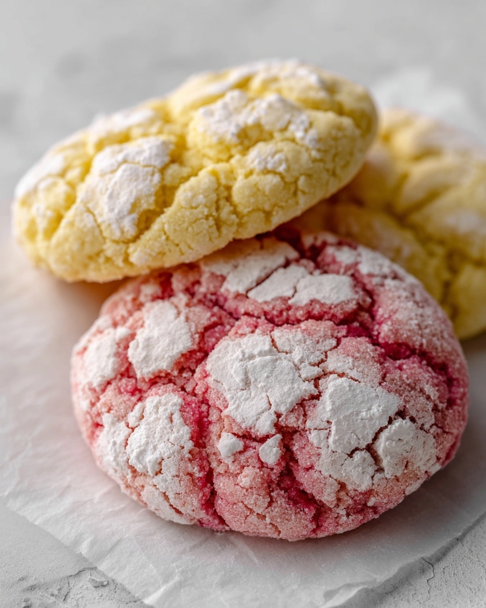 The image shows a close-up of two round cookies with a cracked texture, lying on white parchment paper over a white marbled surface. The cookie in the front has a pinkish-red base color covered unevenly with a layer of white powdered sugar that fills the cracks and raised areas, giving a rough texture. The cookie at the top is yellow with the same cracked look and powdered sugar dusting, showing soft, cracked surfaces and folds. The cookies appear soft and chewy with a slightly rough, powder-coated finish. Photo taken with an iphone --ar 4:5 --v 7