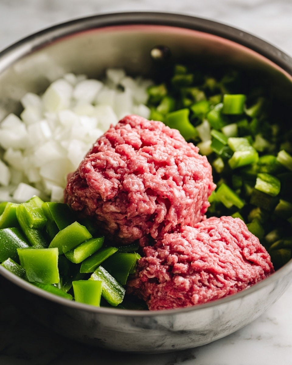 A close-up view inside a pot showing two thick blocks of raw ground meat in bright pink color positioned at the center and back. The ground meat is partially covered by a layer of freshly chopped white onion pieces on the left side and chopped green bell pepper pieces on the right side. The pot has a shiny silver inner surface with a blurred kitchen background, and everything is set on a white marbled texture. The image has soft lighting highlighting the texture of the meat and vegetables. photo taken with an iphone --ar 4:5 --v 7