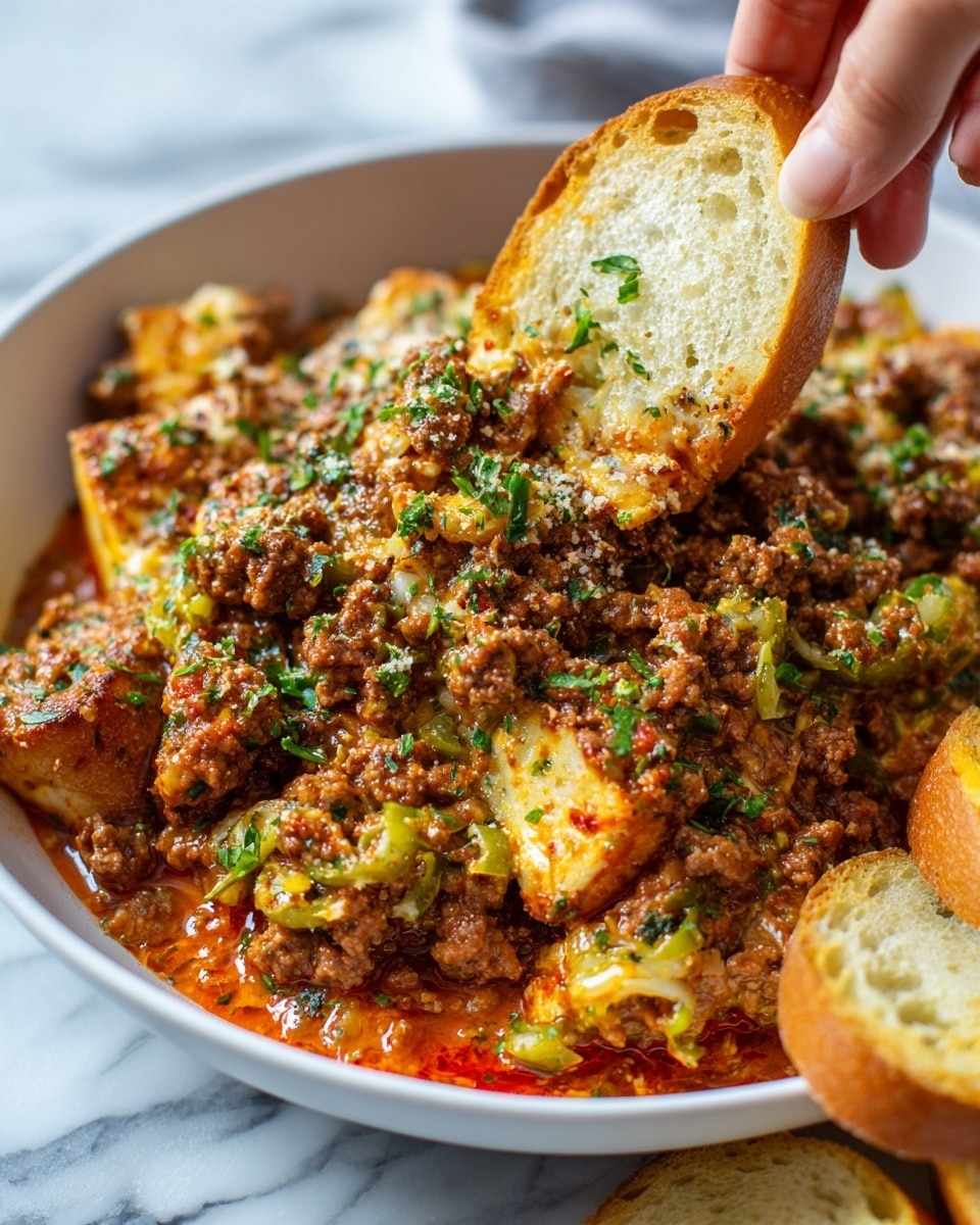 A close-up image of a thick, chunky dish in a white bowl on a white marbled surface, featuring a mix of brown cooked ground meat, orange-red sauce, bits of yellow cheese, and pieces of green vegetable, creating a rich and textured layer. A woman's hand is dipping a round light beige bread slice into the mix, with additional bread slices near the bottom right corner of the bowl. The dish has a glossy, slightly oily sheen on top that reflects light, making it look warm and hearty. Photo taken with an iphone --ar 4:5 --v 7