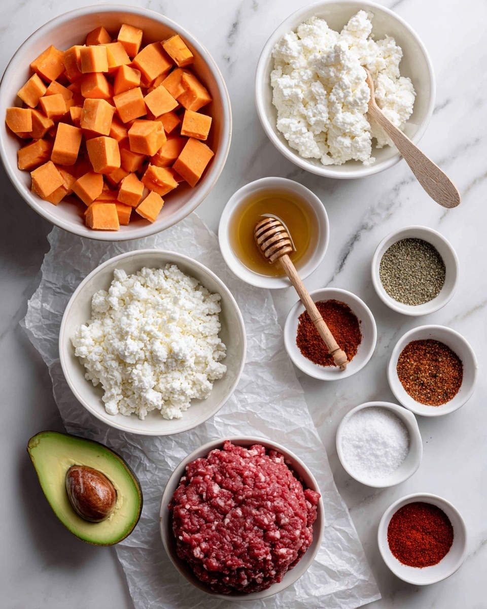 The image shows several white bowls and a block of ground beef placed on crumpled parchment paper on a white marbled surface. A large white bowl filled with orange cubed sweet potatoes takes center left. Above it, a medium white bowl has white, lumpy cottage cheese. Next to cottage cheese is a small white bowl with honey and a wooden honey dipper. Around this, there are six small white bowls with different spices: crushed red pepper, garlic powder, onion powder, chili powder, paprika, and salt, arranged in a loose circle. On the bottom left, a halved avocado with its seed is placed, showing its smooth green flesh. The colors range from orange and red to creamy white, green, and deep red of the beef photo taken with an iphone --ar 4:5 --v 7