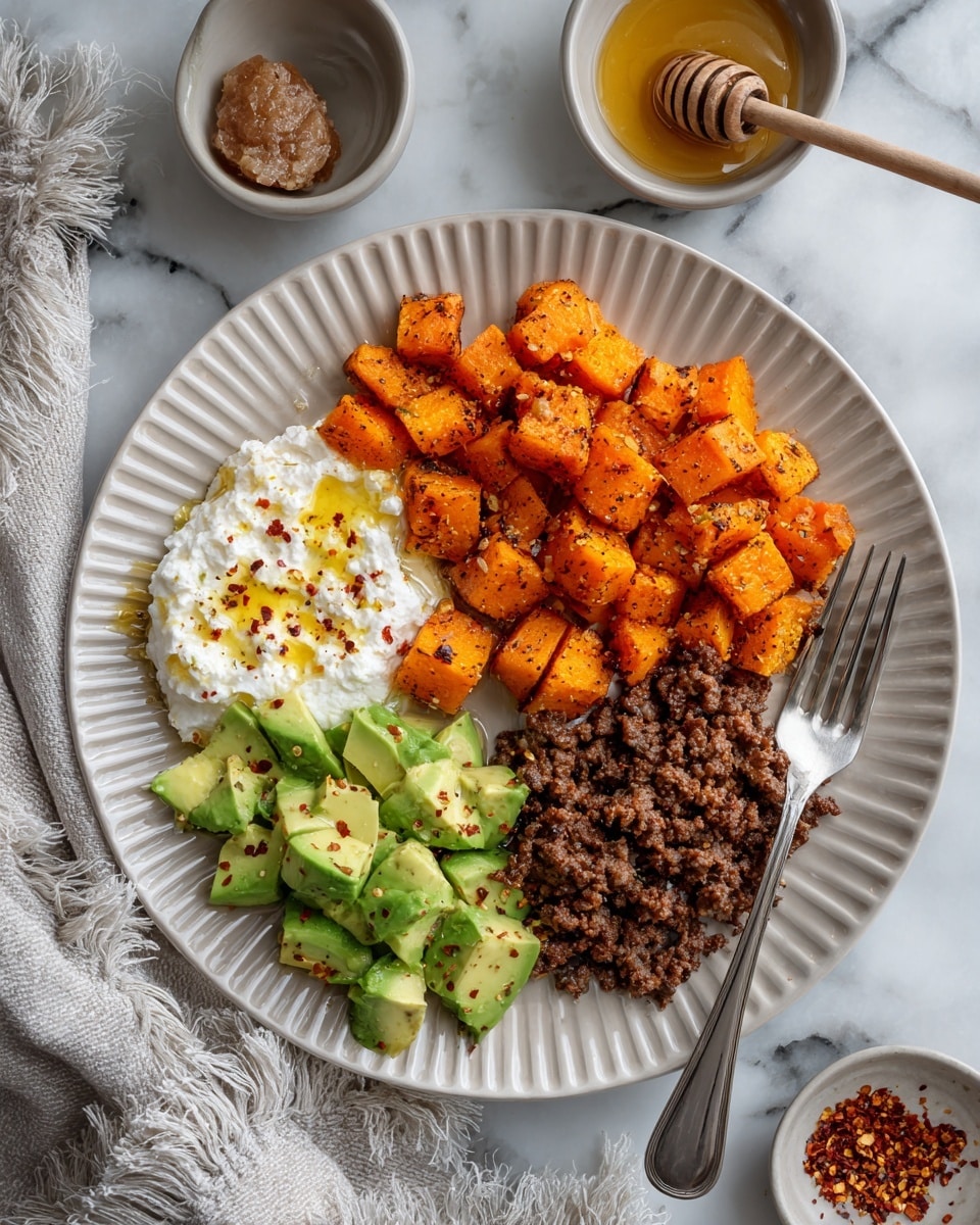 A white plate with ridged edges holds four distinct sections of food arranged closely: the top right has bright orange browned cubes that look crispy on the outside, the bottom right has finely crumbled brown cooked meat, the bottom left shows fresh light green diced avocado pieces, and the top left contains white cottage cheese drizzled with golden honey and sprinkled with red pepper flakes. A silver fork rests on the plate near the meat. The plate sits on a white marbled surface with a small bowl of honey with a wooden dipper and a small dish of red pepper flakes nearby, along with a light gray fringed cloth in the corner. Photo taken with an iphone --ar 4:5 --v 7