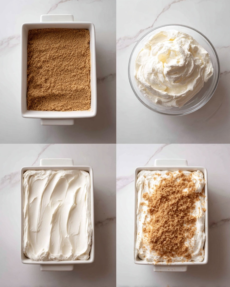 A white rectangular dish shows four steps of making a layered dessert on a white marbled surface. The first layer is a thick, even layer of light brown crumbly texture pressed down flat inside the dish. The second image shows a clear glass bowl filled with smooth, white whipped cream mixture with soft peaks. The third step is the white rectangular dish filled with a thick, creamy white layer, smooth on top, covering the first crumb layer completely. The last image shows the same dish with the white creamy layer topped with a thin, uneven sprinkle of the light brown crumbly mixture, adding texture contrast. Photo taken with an iphone --ar 4:5 --v 7