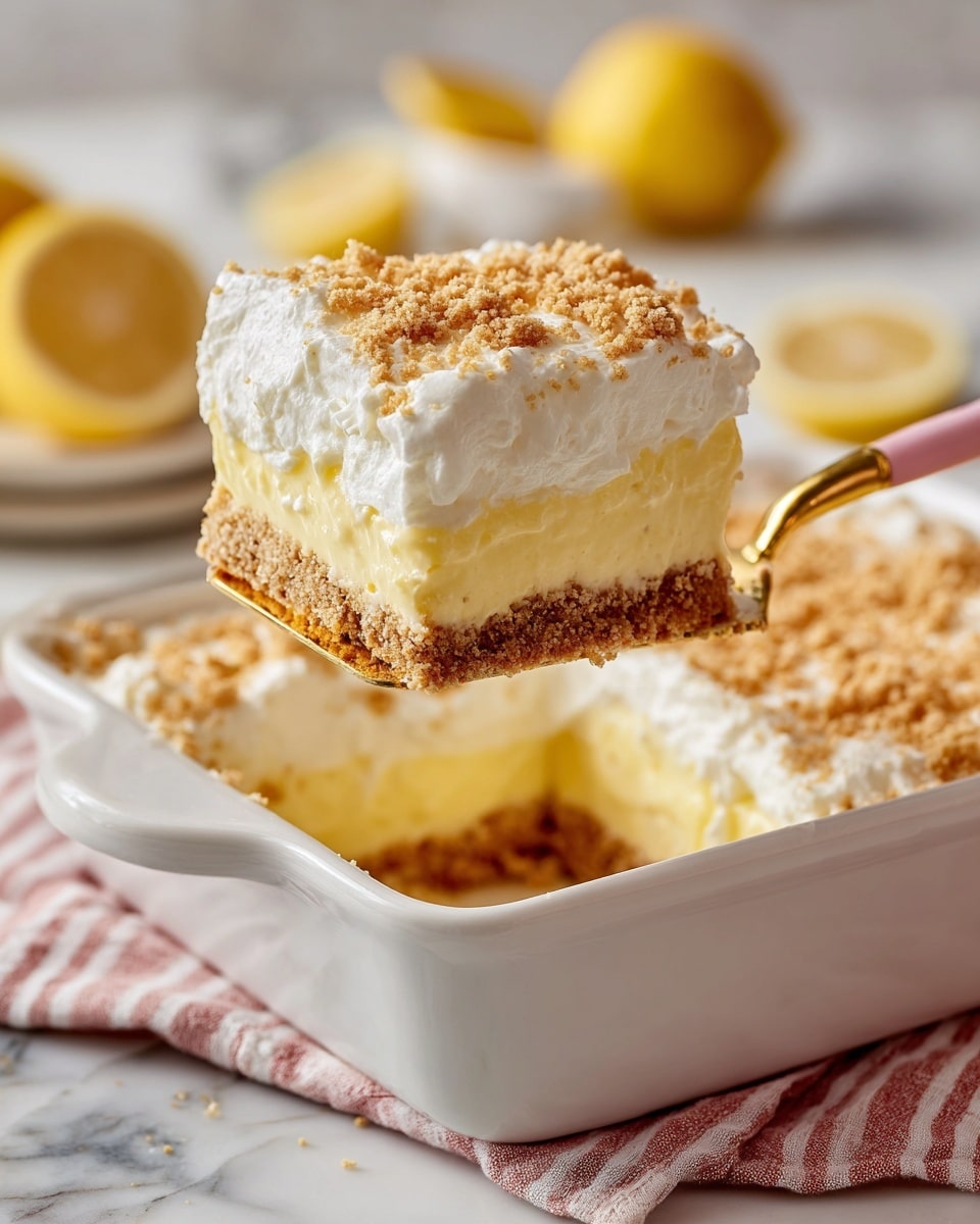 The image shows a white rectangular dish with a layered lemon dessert inside. The bottom layer is a crumbly light brown crust, above it is a smooth pale yellow lemon filling, and the top layer is a thick, fluffy light cream-colored topping sprinkled with fine crumbs. A piece of the dessert is being lifted by a gold and pink spatula, revealing the clean, even layers. The dish is placed on a white marbled surface with soft natural lighting, and blurred items like a striped cloth and lemon slices can be seen in the background. Photo taken with an iphone --ar 4:5 --v 7