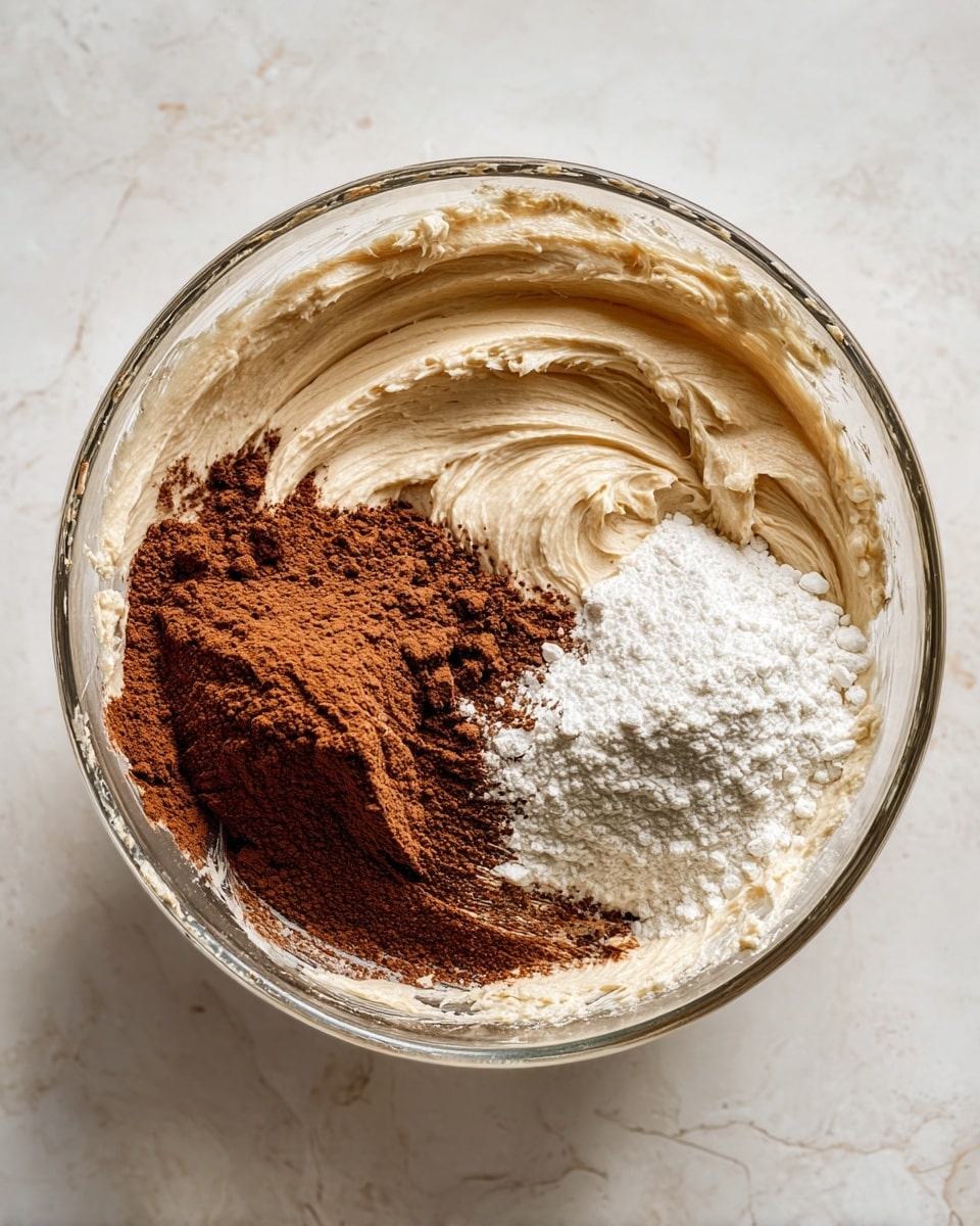 A clear glass mixing bowl sits on a white marbled surface, containing three main layers of ingredients. The bottom layer is smooth and creamy, pale yellow in color, with a thick texture spread along the bowl's sides. On top of this cream layer, there are two powdered dry layers: one is a dark brown cocoa powder on the right side, and the other is a white powder, such as flour, on the left side, both lightly piled and gently overlapping in the center. In the upper left corner of the image, part of a white stand mixer base is visible. Photo taken with an iphone --ar 4:5 --v 7