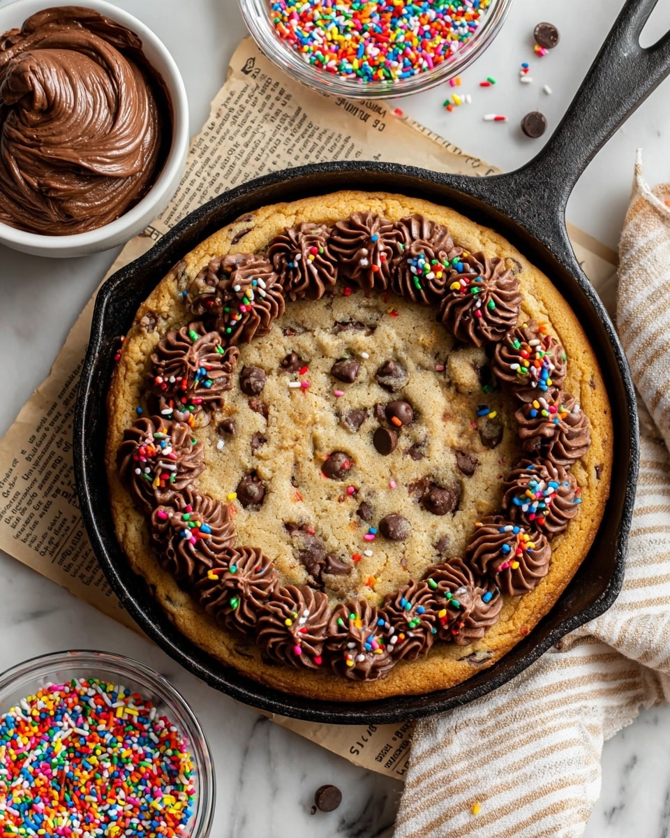 A round chocolate chip cookie baked and golden brown with visible chocolate chips spread evenly throughout. Around the edge of the cookie, there is a thick, dark brown chocolate cream piped in swirled rosettes, topped with colorful round and long sprinkles in red, blue, yellow, orange, green, and white. The cookie is in a black cast iron pan placed on top of an old paper with printed text. Nearby, there is a white bowl with chocolate cream similar to the one on the cookie and a clear glass bowl filled with colorful sprinkles. The background is a white marbled surface with a beige and white striped cloth casually placed next to the pan. Photo taken with an iphone --ar 4:5 --v 7