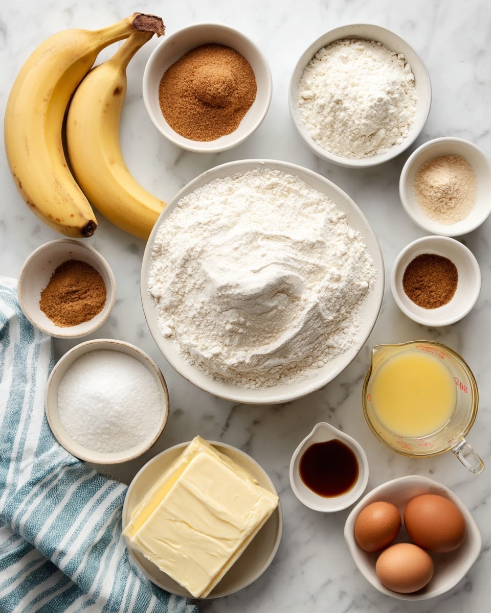 The image shows an overhead view of several small white bowls and containers with baking ingredients arranged neatly on a white marbled surface. At the center, there is a white bowl full of white flour with a slight swirl on top. To the left, two yellow bananas lie side by side. Surrounding the flour bowl are small white bowls containing brown sugar, cinnamon powder, baking powder, and a brown liquid likely vanilla extract. Near the bottom right corner, there is a glass measuring cup with melted yellow butter. Two brown eggs and a white bowl with a pale yellow block of butter are positioned on the upper left side. A soft off-white and blue striped kitchen towel is placed near the bottom of the frame. Photo taken with an iphone --ar 4:5 --v 7