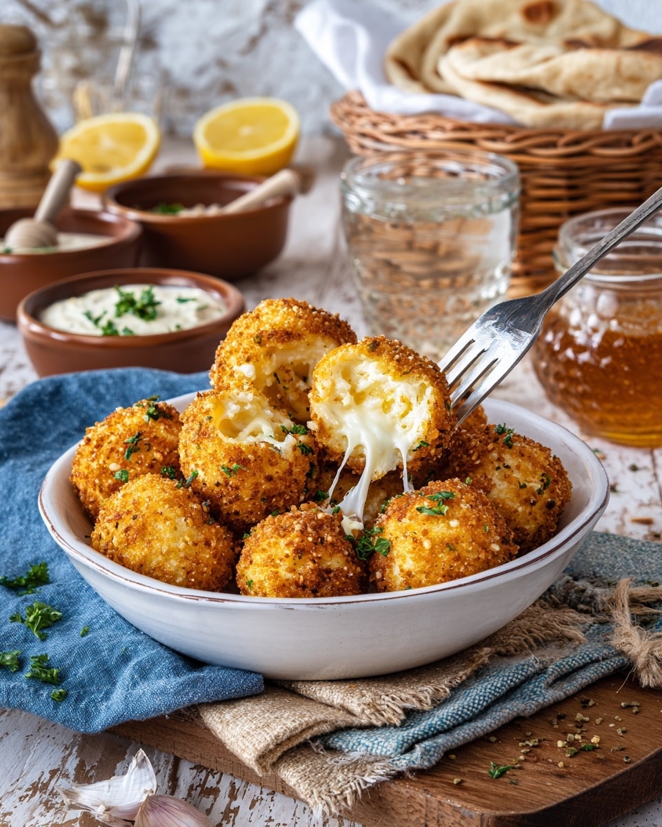 A white bowl is filled with many small golden-brown, crispy cheese bites, each coated in a crunchy texture with green parsley sprinkled on top. One cheese bite is broken open with a silver fork showing melted, stretchy white cheese inside. The bowl sits on a wooden board with a folded blue and beige cloth underneath. Around this, there are small brown bowls filled with seasonings and herbs, a glass jar with honey and a honey dipper, a basket of folded flatbreads with a blue cloth, and a glass of water with lemon, all arranged on a wooden table with a white marbled texture background. photo taken with an iphone --ar 4:5 --v 7