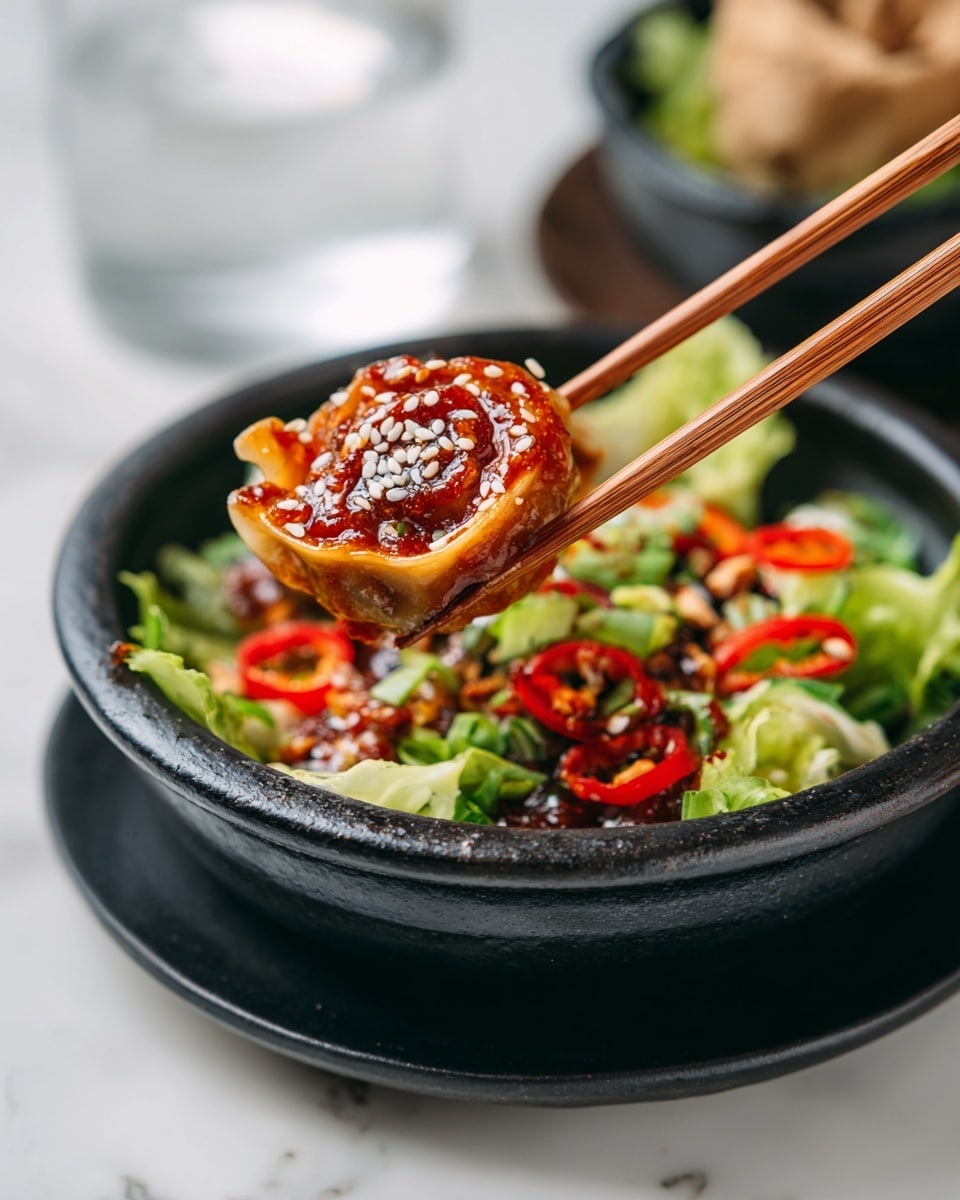 A close-up of a dumpling held by wooden chopsticks over a black bowl that contains a salad with chopped green lettuce, sliced red chili peppers, and sprinkled peanuts. The dumpling is covered with a thick reddish sauce and white sesame seeds on top. The bowl sits on a black plate, all placed on a white marbled surface. In the blurry background, there is a glass of water, a brown wrapped item, and another black bowl with salad. photo taken with an iphone --ar 4:5 --v 7