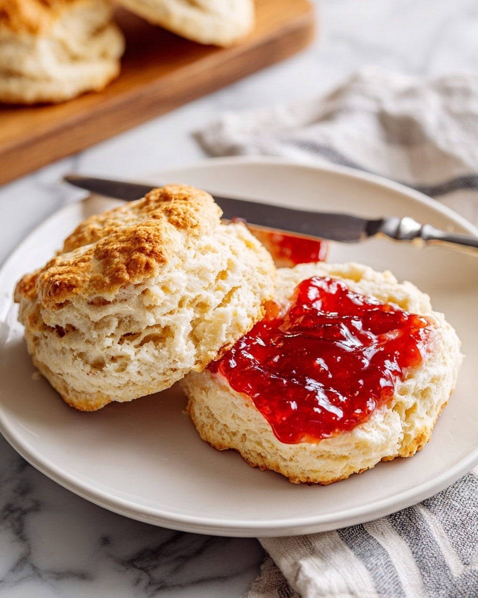 A white plate holds two halves of a biscuit, one plain and the other spread with bright red jam that has a shiny, slightly thick texture. The biscuit looks soft and flaky with a light golden color and rough, crumbly edges. Near the plate, a butter knife rests with a silver blade. The background shows a white marbled surface with a striped cloth in shades of gray and white, and a wooden cutting board with additional biscuits blurred out in the back. Photo taken with an iphone --ar 4:5 --v 7