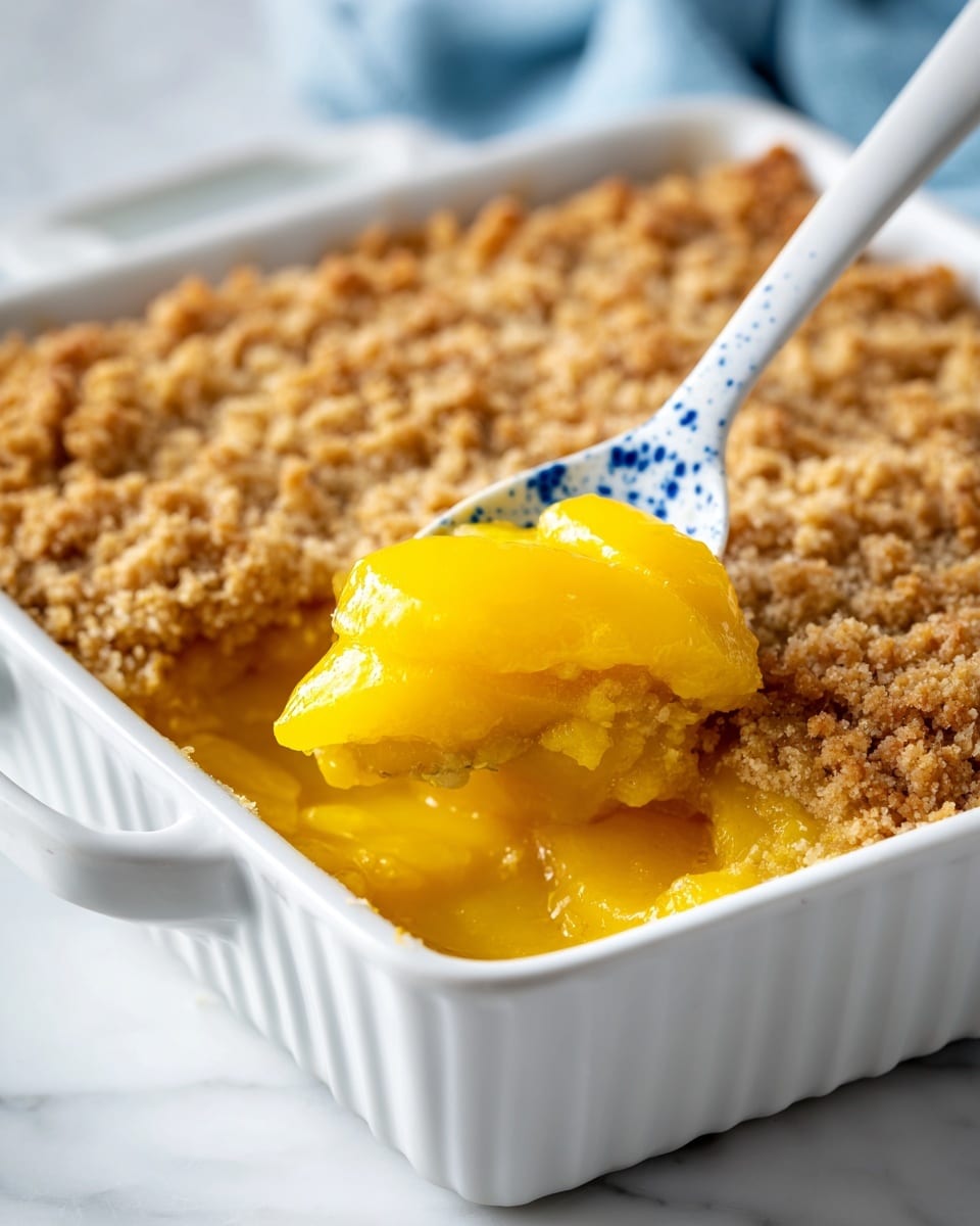 The image shows a white baking dish filled with a golden yellow cobbler dessert, having two main layers; the bottom layer is a thick, smooth, and glossy yellow fruit filling, while the top layer is a crisp, crumbly, and browned crust with a rough texture. A white spoon with blue speckles scoops out a serving, showing a clear contrast between the soft filling and the crunchy crust. The white marbled surface beneath adds a clean and simple background. Photo taken with an iphone --ar 4:5 --v 7