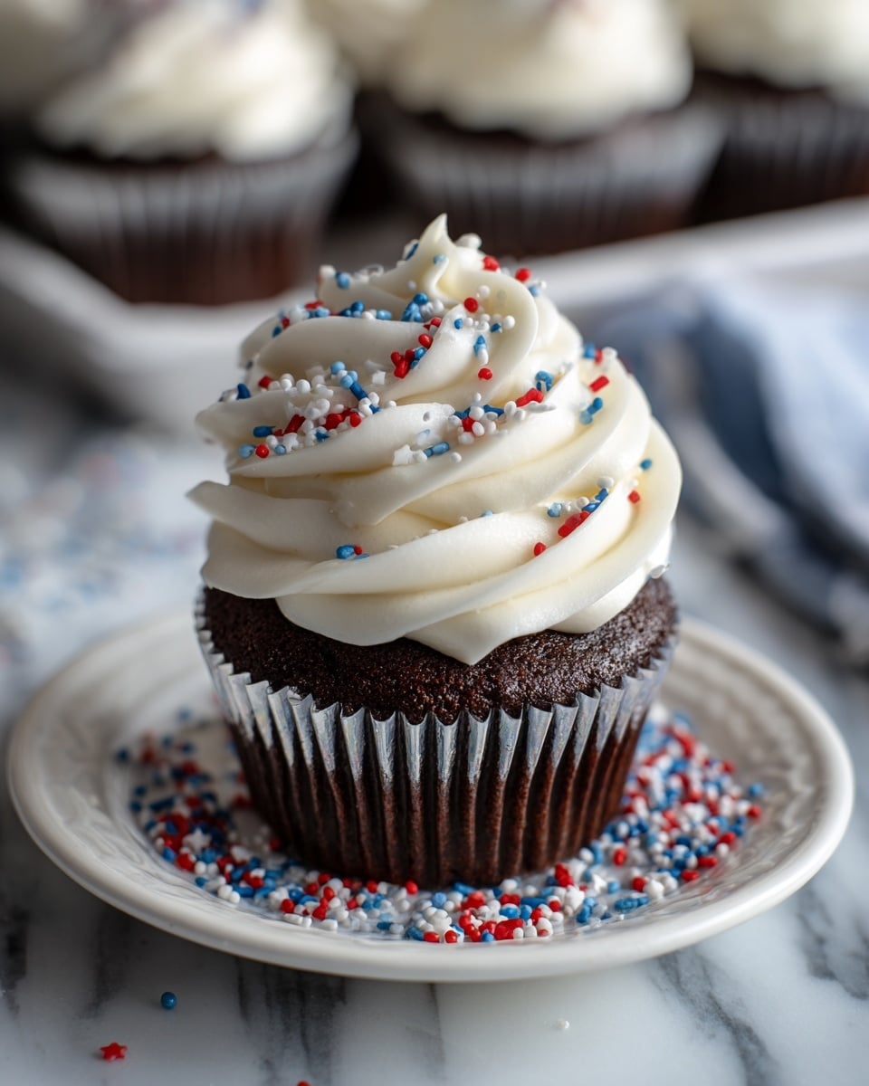 A chocolate cupcake with three thick layers of white frosting swirled on top sits centered on a white plate, garnished with scattered red, white, and blue sprinkles on the frosting and plate. The cupcake is wrapped in a silver liner, and the background is a white marbled surface with blurred cupcake trays in the distance. Photo taken with an iphone --ar 4:5 --v 7