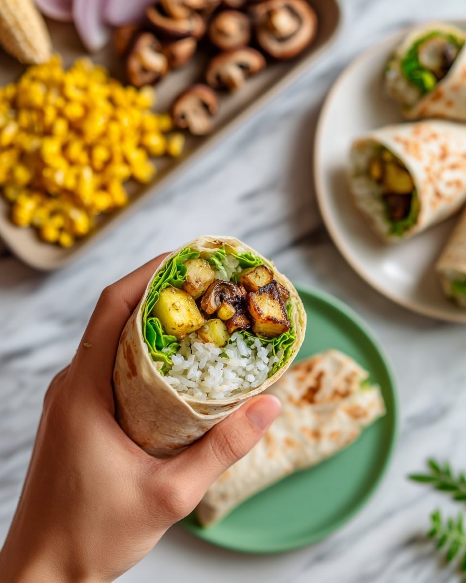 A close-up of a woman's hand holding a small tortilla wrap filled with visible layers of white rice, green leafy lettuce, small yellow potato pieces, and dark beans, all wrapped tightly in a light beige tortilla. In the background, there are two more wraps on a white plate, and a green plate with another small wrap piece, all placed on a white marbled surface. There is also a tray of roasted yellow corn and sliced red onions blurred in the background, along with a mushroom and some green garnish on the white marbled surface. Photo taken with an iphone --ar 4:5 --v 7