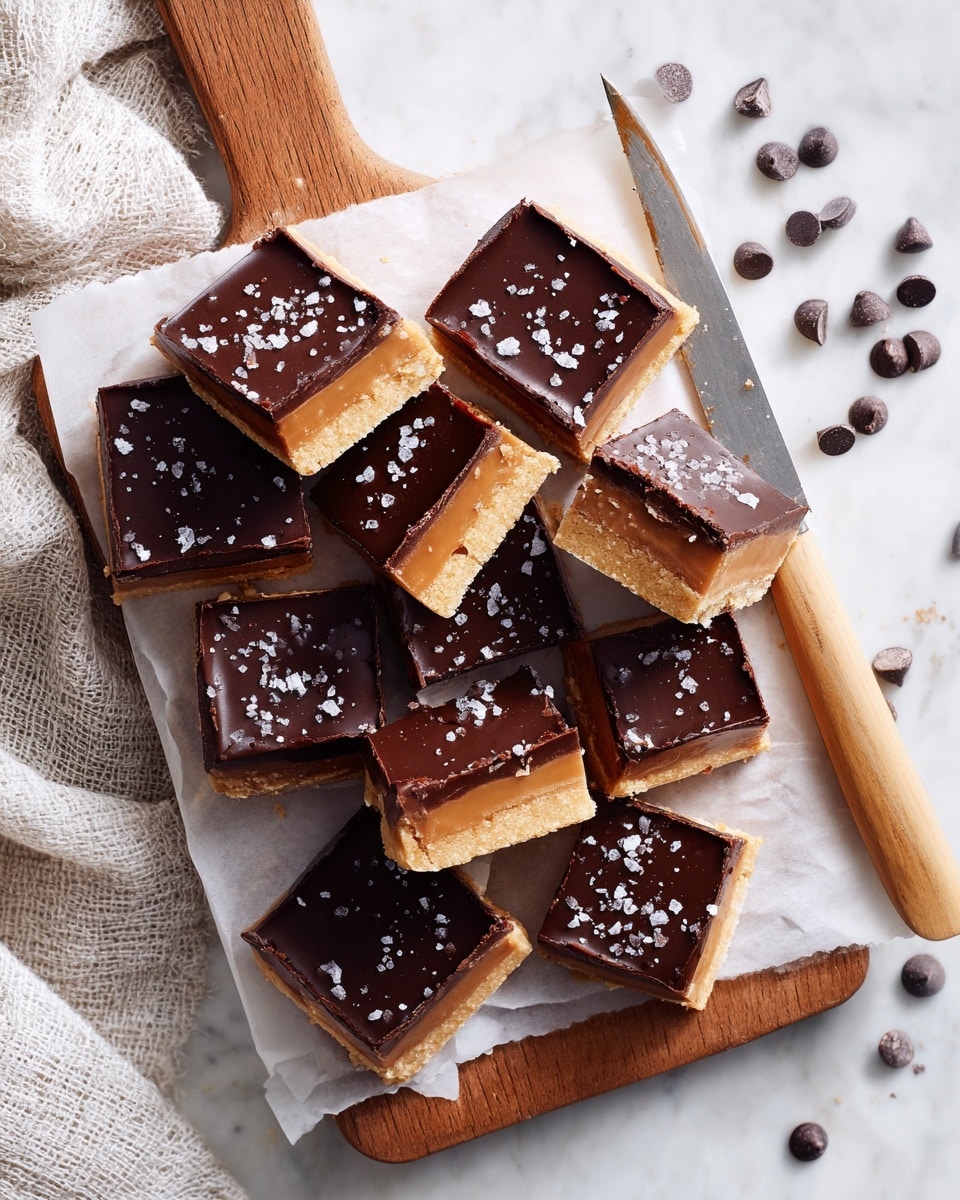 A wooden board with a white paper sheet holds 12 square pieces of a two-layer dessert. The bottom layer is a light tan shortbread crust with a slightly uneven edge. The top layer is a thick, smooth, dark chocolate sheet sprinkled with small flakes of sea salt. The pieces are cut into uneven sizes and a large knife with a light wooden handle rests diagonally on the top right corner of the board. A few scattered chocolate chips are on the board and the white marbled surface below, with a textured light cloth near the top left corner. Photo taken with an iphone --ar 4:5 --v 7