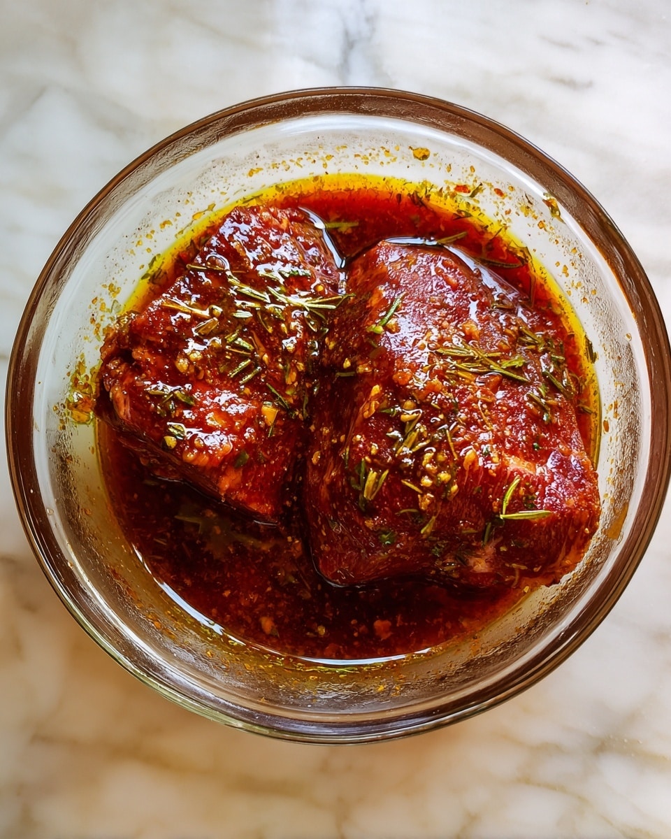 A clear glass bowl with two large pieces of raw meat soaked in a thick dark reddish-brown sauce with visible herbs and spices mixed in. The bowl is on a white marbled surface. The sauce looks shiny and coats the meat fully, showing texture from the spices. photo taken with an iphone --ar 4:5 --v 7