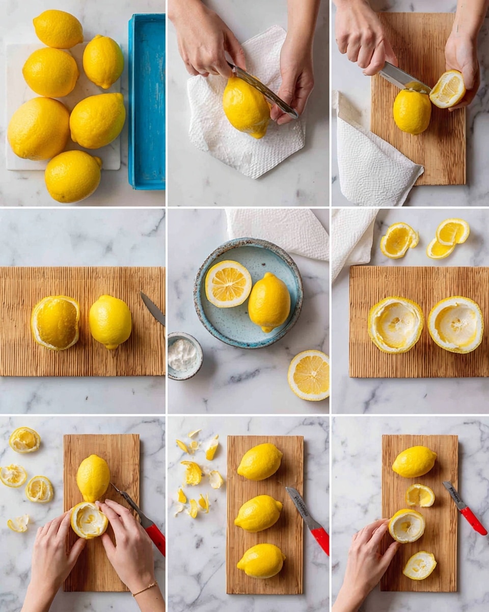 The image shows a step-by-step process of preparing lemons on a white marbled surface. The first layer has whole bright yellow lemons placed on a wooden cutting board with a blue box in the background. The second layer shows a woman's hand holding a knife cutting one lemon with two other whole lemons nearby on the board. The third layer displays two lemon halves with a textured yellow interior placed on the wooden board, along with some lemon peel pieces. The fourth layer includes three lemon halves and lemon peels scattered around on the board. The fifth layer shows a woman's hand holding a knife carefully cutting the inside of a lemon half resting on a white paper towel. The sixth layer has a woman's hand using a spoon to scoop the inside of a lemon half next to a small paring knife on a paper towel. The seventh layer displays three hollow lemon halves standing on the wooden board beside a red-handled knife. The final layer shows four lemon halves hollowed out, arranged in a row on the wooden board. Photo taken with an iphone --ar 4:5 --v 7