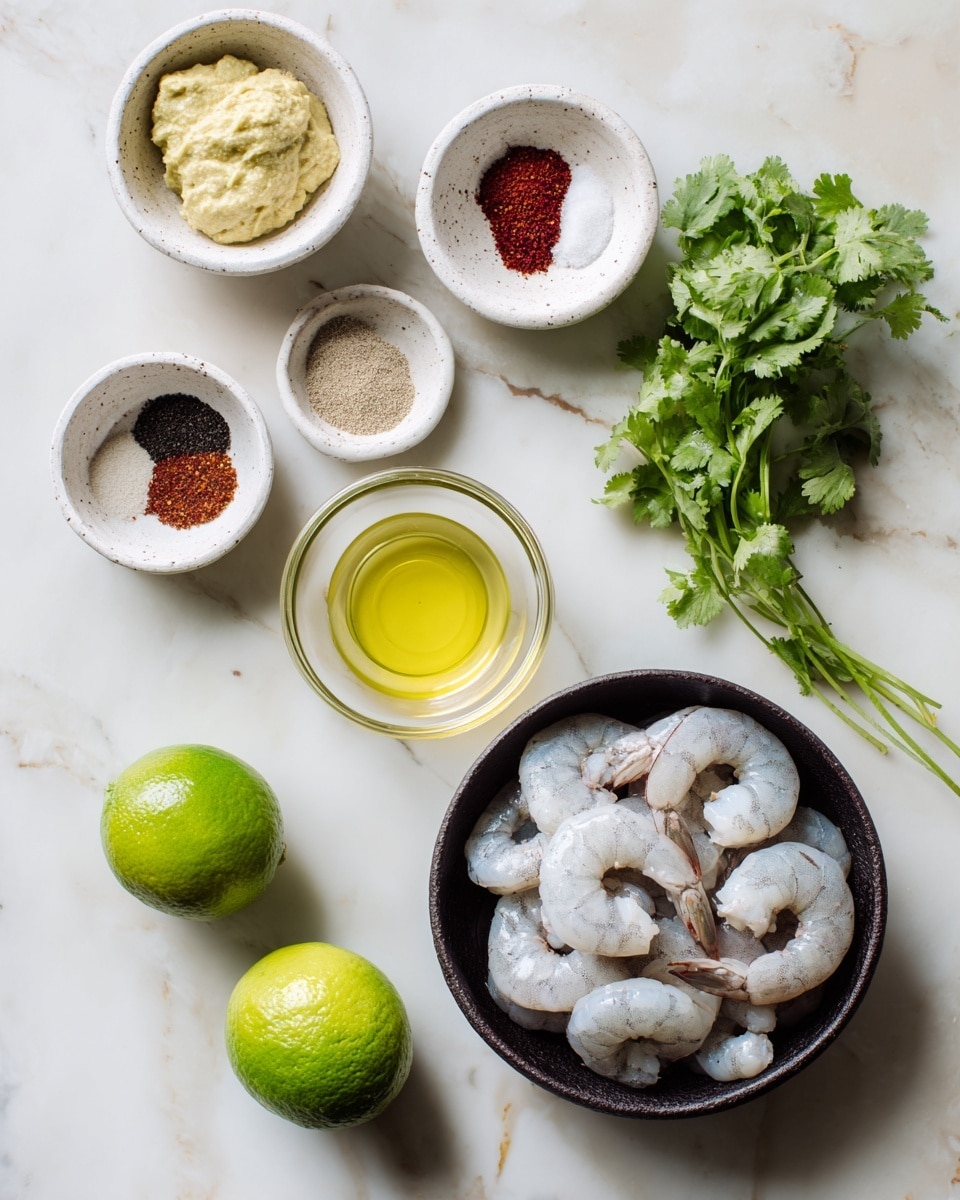 The image shows ingredients arranged on a white marbled surface, including a small white bowl of light yellow garlic paste at the top left, a round white bowl with five colorful seasonings (red, black, beige, white, and brown) placed near the center top, and a small clear glass bowl of pale yellow oil below it. To the left side, there is a whole lime and two lime halves with a green color. At the top right, a bunch of fresh green cilantro is placed, and to the bottom right, a black bowl filled with raw shrimp with pale gray and white color is positioned. photo taken with an iphone --ar 4:5 --v 7