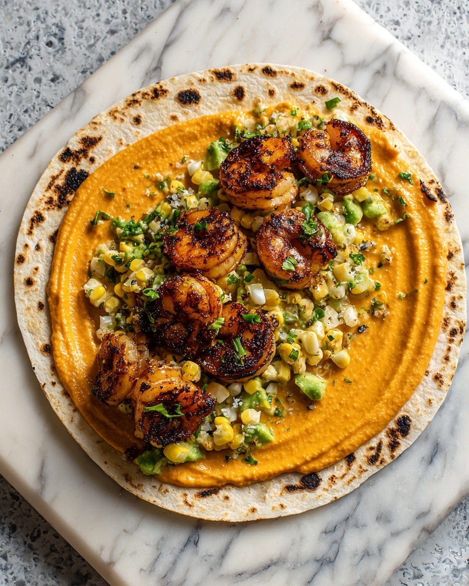 The image shows a flat white tortilla with some brown charred spots on top of a white marbled surface. On the tortilla, there is a swirl of creamy orange sauce spread evenly as the first layer. Over this sauce, there are five pieces of dark brown, grilled shrimp arranged loosely in the center. On top of the shrimp, there is a fresh mix of small corn pieces, bright green avocado chunks, and some green herb bits, creating a colorful topping. The dish is simple and vibrant, with layers clearly visible. photo taken with an iphone --ar 4:5 --v 7