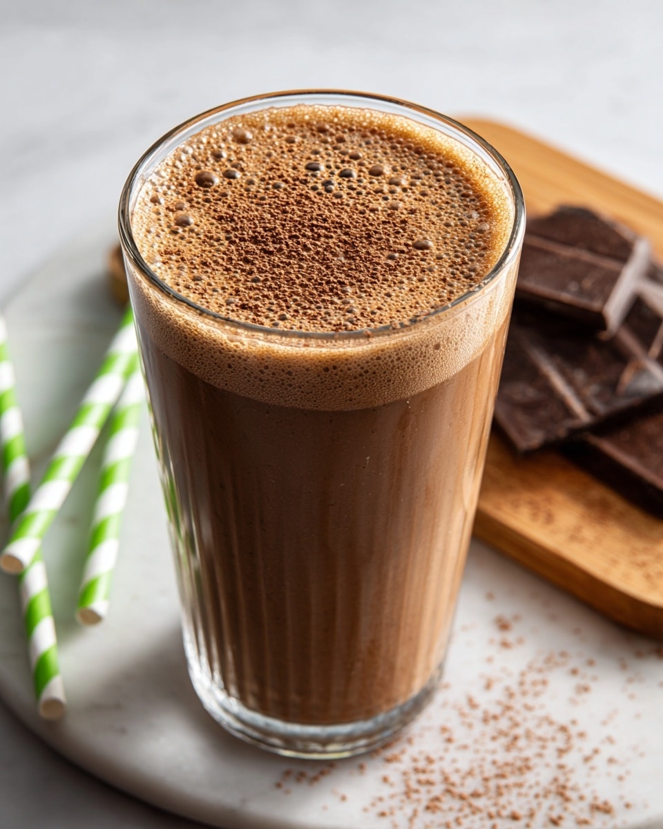 A clear tall glass filled with a thick, light brown chocolate drink that looks cold and frothy, topped with a sprinkle of fine cocoa powder, placed on a white marbled surface. In the background, there is a wooden board with dark chocolate pieces and two green-and-white striped paper straws lying next to the glass. The texture of the drink shows tiny bubbles on the top layer, creating a smooth and creamy appearance. Photo taken with an iphone --ar 4:5 --v 7