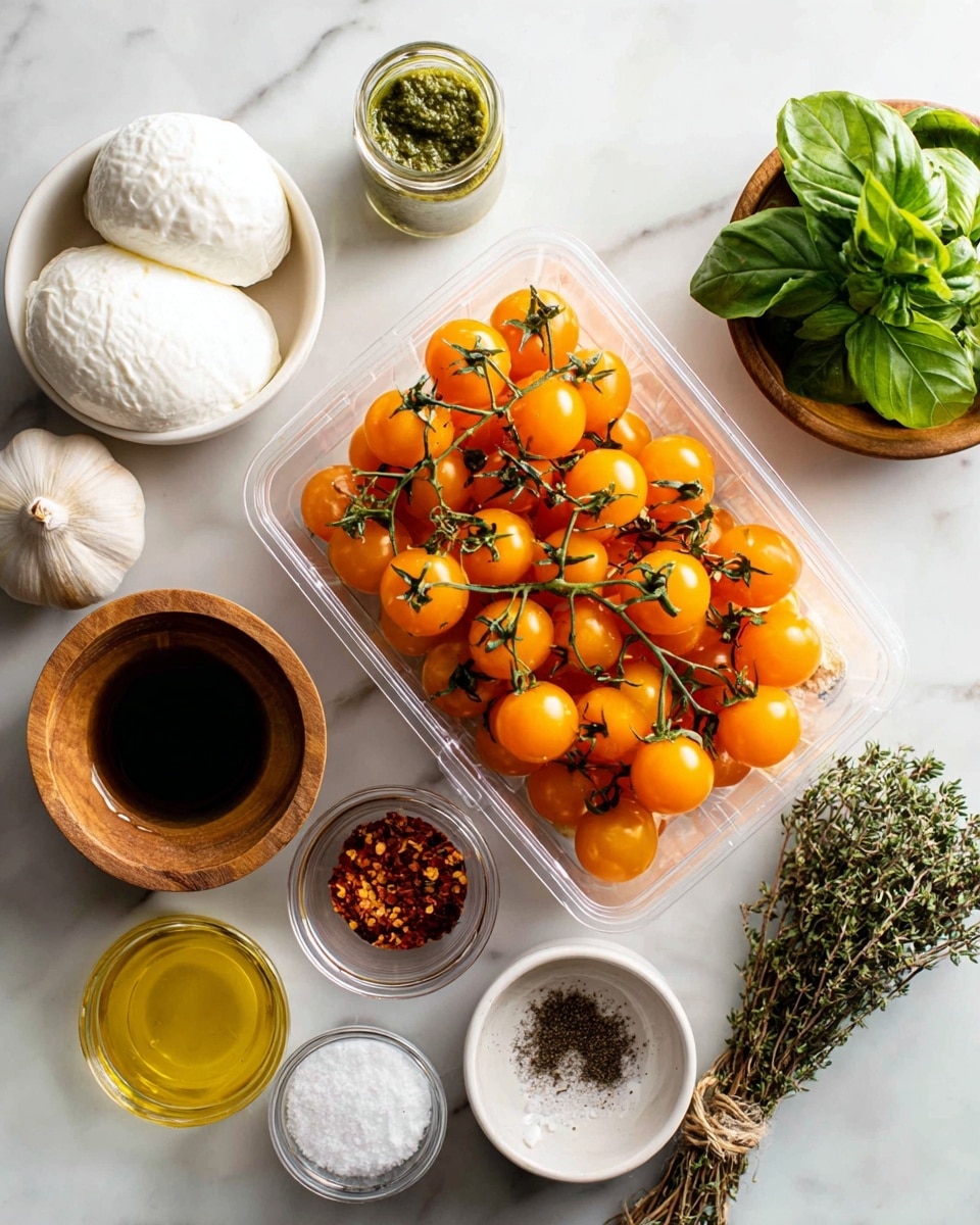 A clear plastic box filled with bright orange cherry tomatoes with green stems rests near the top on a white marbled surface. Below and to the left, a whole white garlic bulb sits next to a round clear container holding two smooth, white burrata cheeses. To the right of the tomatoes, there is a small green bunch of basil leaves. Below the garlic and burrata, there is a small white bowl with dark balsamic vinegar, a tiny bowl of red chili flakes, and a jar filled with green pesto. On the right side, a light brown wooden bowl contains black pepper, and a small dish below it holds white salt. Toward the bottom left, another small white bowl contains yellow olive oil. A bunch of dried thyme tied with a string lies on the right side of the image. The whole scene is arranged neatly on the white marbled surface with clear labeling for each ingredient, photo taken with an iphone --ar 4:5 --v 7
