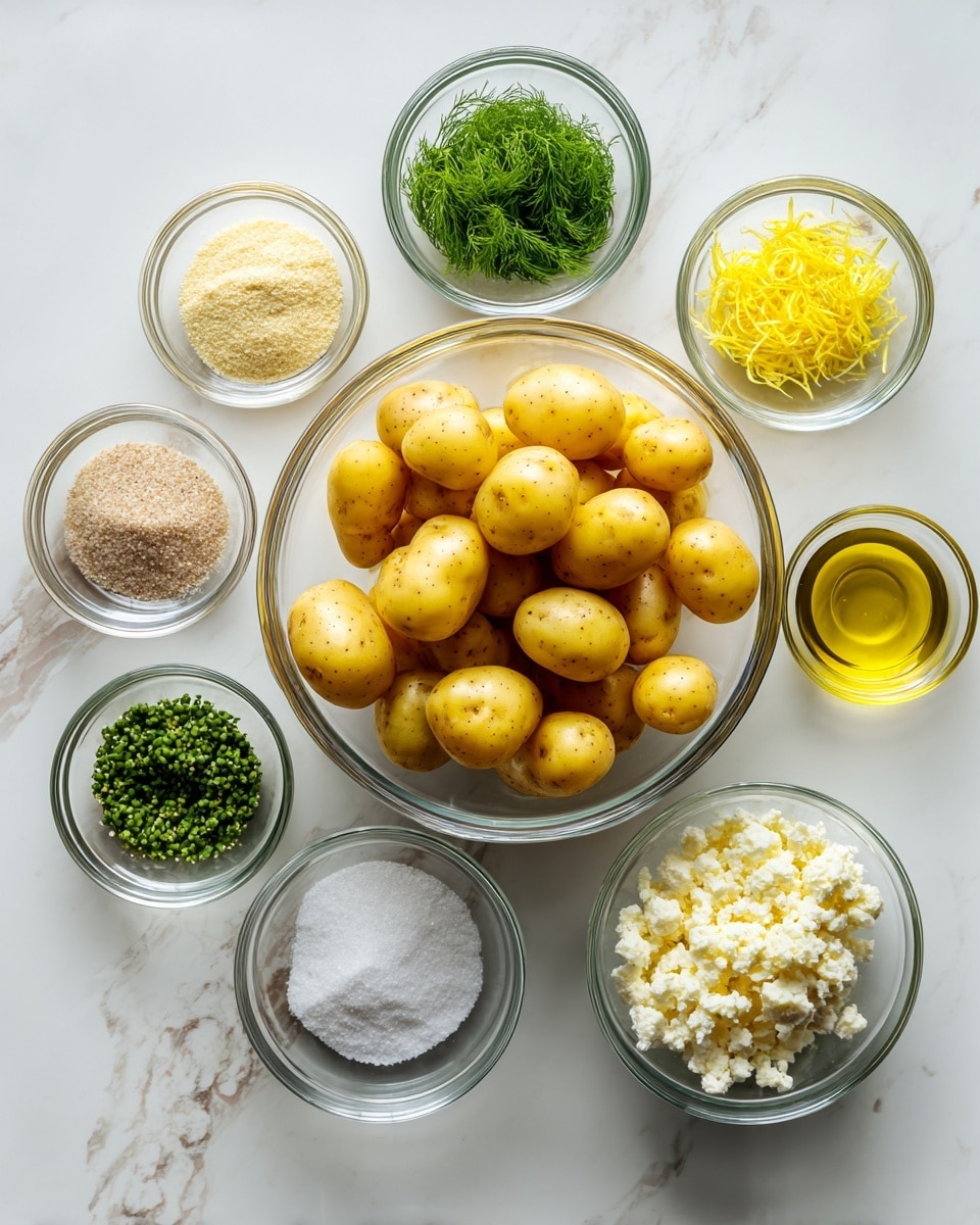 A large clear glass bowl filled with small yellow potatoes sits on a white marbled surface. Around it are eight small clear glass bowls arranged in a loose semi-circle. Clockwise from top right, the first bowl contains golden olive oil, then a light beige powder, next a bowl with finely chopped green dill, followed by zest of yellow lemon in a small bowl. Below is a bowl with white salt, next to it a bowl with black pepper, and another with crumbled white cheese. The bowls vary slightly in size, and all the contents show distinct textures and colors against the white marbled background. photo taken with an iphone --ar 4:5 --v 7