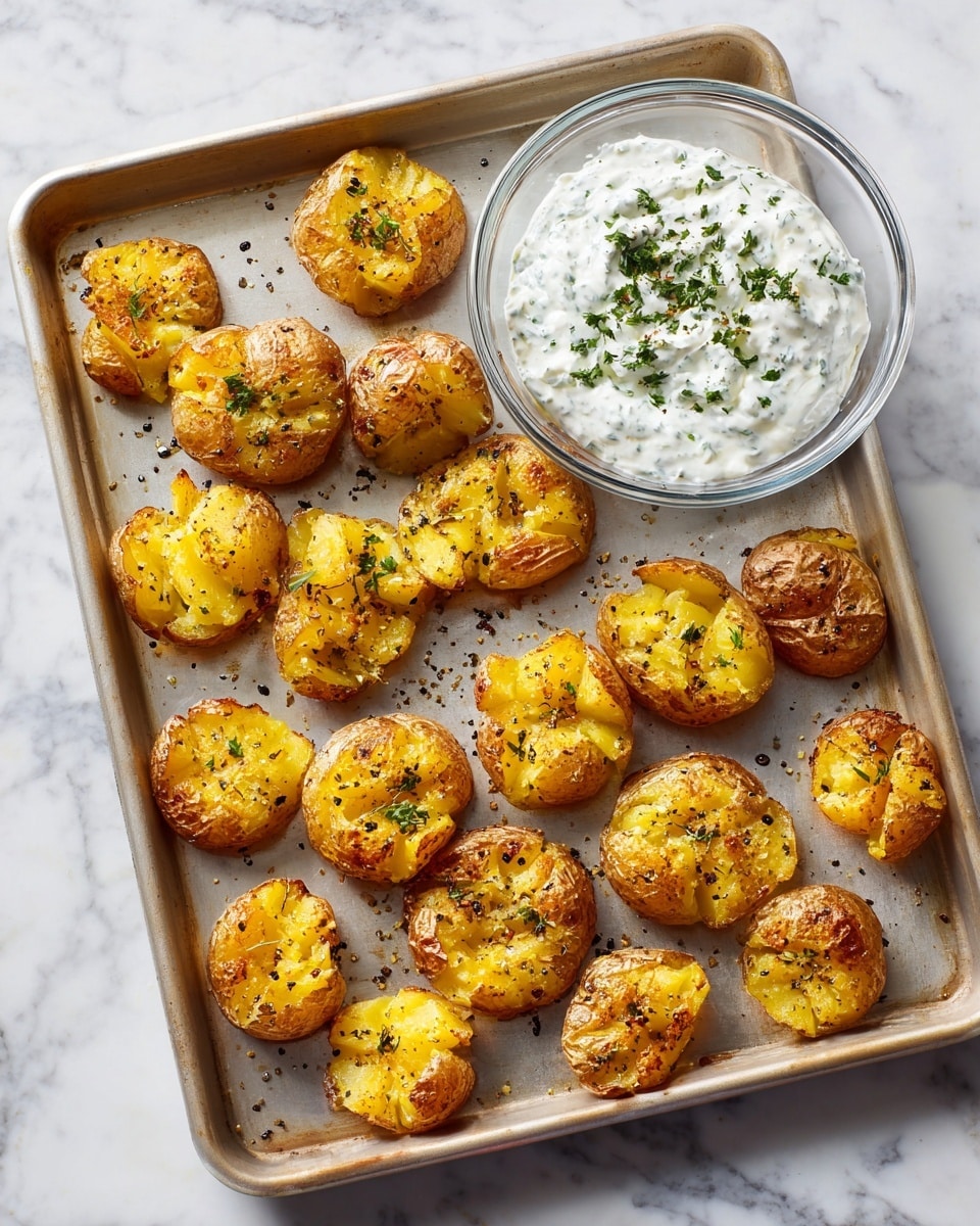 A baking tray with 15 small, round, golden-brown smashed potatoes spread out evenly, each showing a crispy texture with some pieces slightly broken apart and sprinkled with black pepper. To the right of the tray, there is a small clear glass bowl filled with a white creamy mixture topped with green herbs. The tray and bowl are placed on a white marbled surface. Photo taken with an iphone --ar 4:5 --v 7