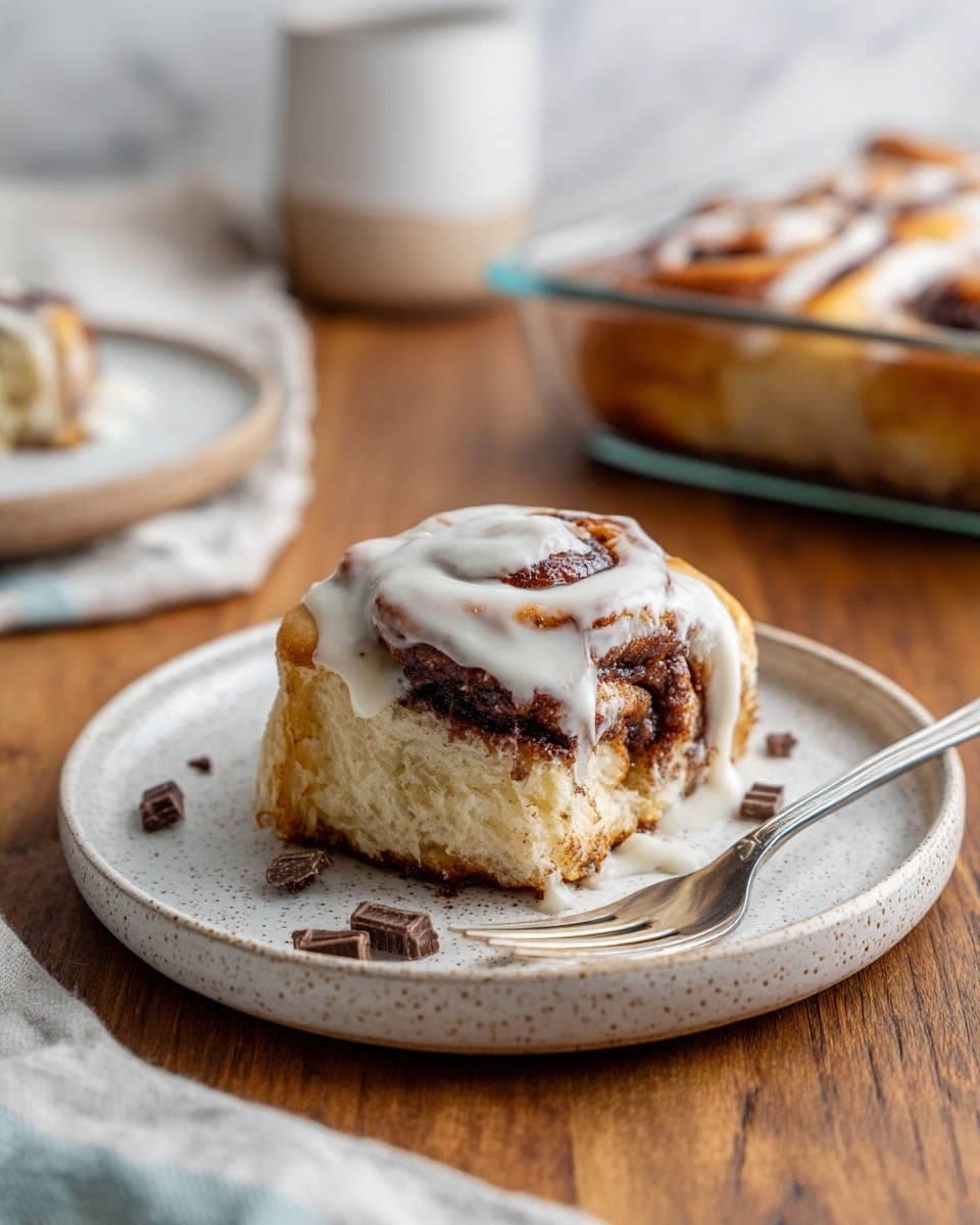 A single cinnamon roll sits on a white speckled plate layered on a matching plate, positioned on a wooden table with a white marbled background. The cinnamon roll has three visible layers: a golden-brown dough with a soft, slightly crumbly texture; a thick dark chocolate swirl deeply embedded in the dough; and creamy white icing drizzled unevenly on top, some flowing onto the plate. Small chunks of chocolate pieces are scattered around the base of the roll on the plate. A silver fork with a bite of the cinnamon roll covered in icing rests beside it. In the background, blurry shapes of another cinnamon roll and a square glass dish with more cinnamon rolls are visible, along with a soft striped cloth. photo taken with an iphone --ar 4:5 --v 7