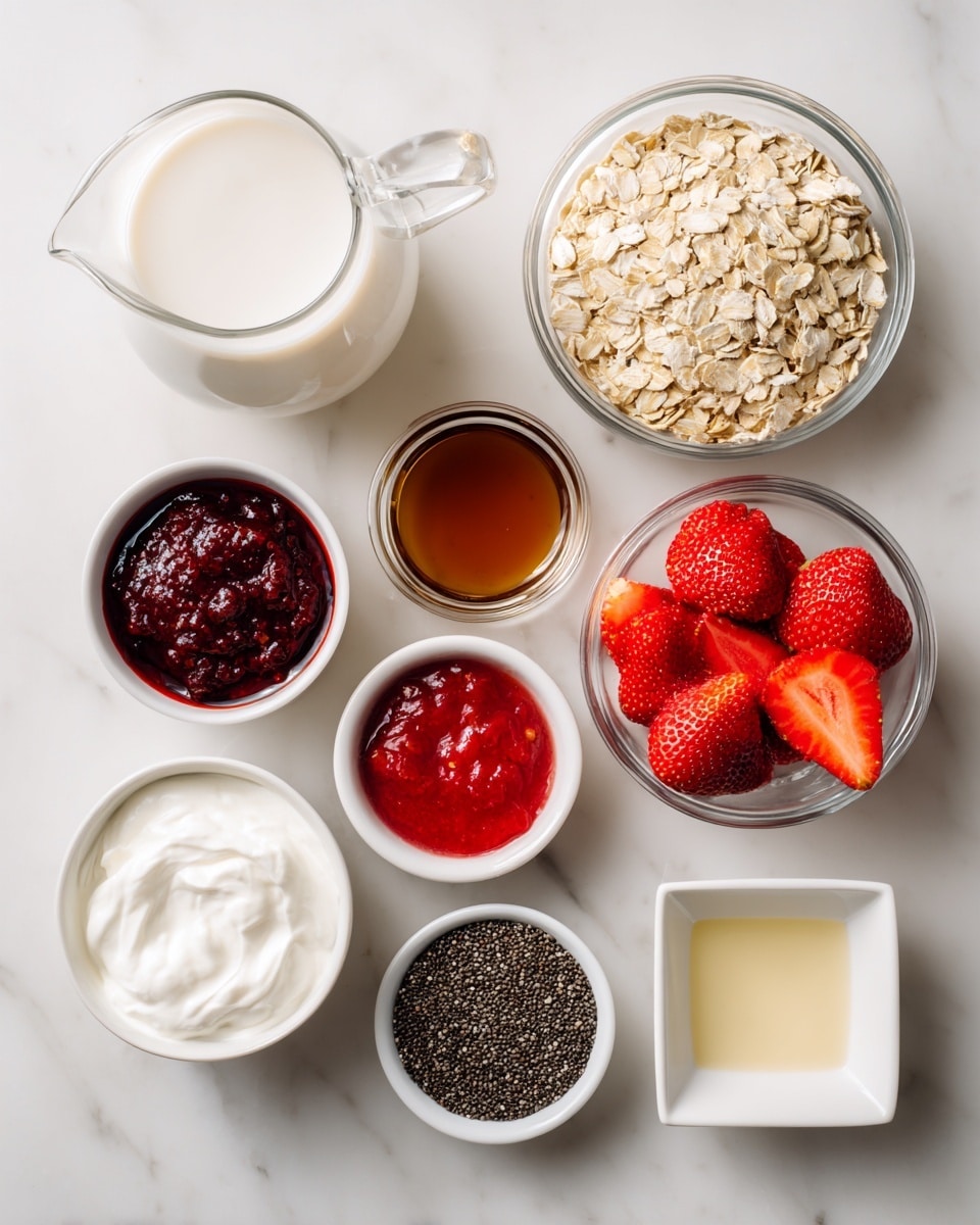 The image shows a top view of eight small white bowls and a glass pitcher arranged on a white marbled surface. The pitcher is filled with white milk and sits in the upper left corner. To its right is a clear bowl full of light beige old fashioned oats. Below the oats is another clear bowl holding bright red strawberries, some sliced to show their juicy inside. To the left of the strawberries is a white bowl with smooth white Greek yogurt. Above it, there is a small white bowl with light brown maple syrup. Next to the yogurt bowl on the left is a white bowl with thick dark red strawberry jam. Below the jam is a small white bowl filled with black chia or basil seeds. Finally, in the lower right corner, there is a tiny square white dish with light yellow vanilla liquid. Each item is neatly placed, showing clear textures and natural colors. photo taken with an iphone --ar 4:5 --v 7